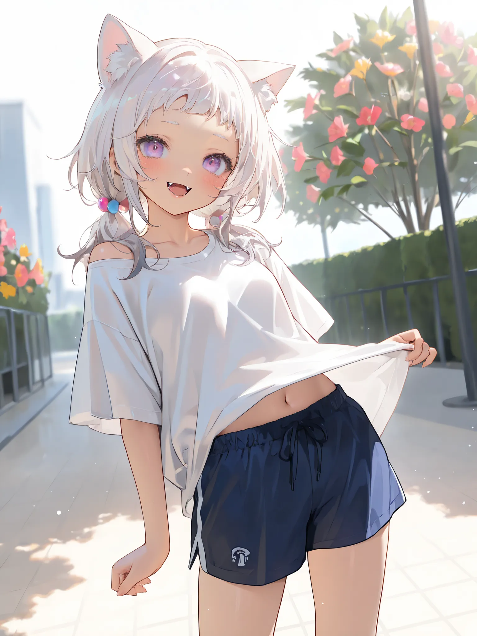 ((Masterpiece)), ((best quality, very aesthetic, absurdres, newest)), (wide shot), (8K), (cinematic lighting), ((1girl)), (cute young girl), (Healthy body, Textured skin, small breast, tilt head), ((platinum-gold hair)), Textured skin, (thin T-shirt, shirt...