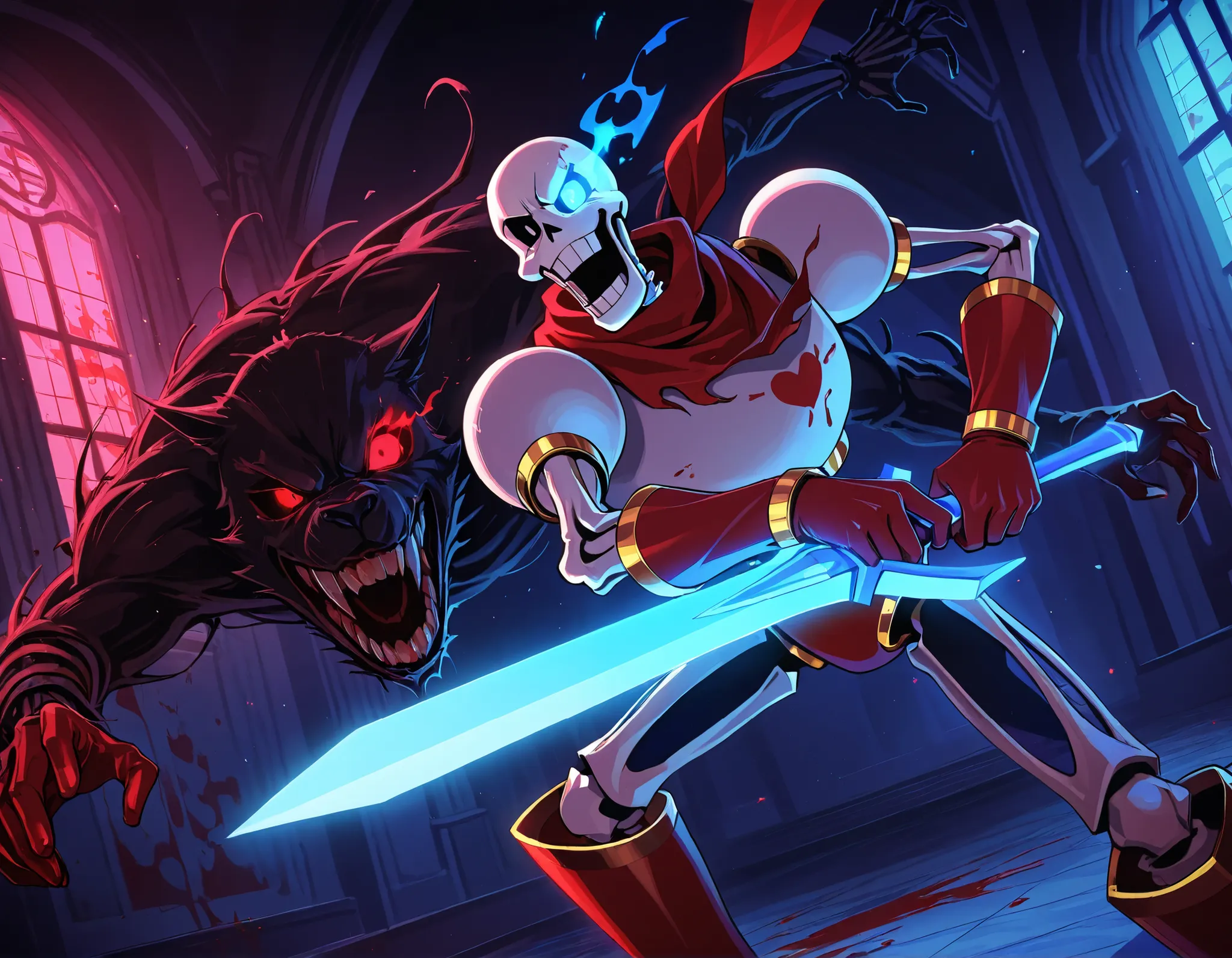 1boy, papyrus_(undertale), armor, red_eye, glowing_eye, flaming_eye, grin, red_gloves, red_scarf, skeleton, teeth, extra_arms, holding, holding_weapon, holding_sword, blood_stain, pool_of_blood, horror_(theme), monster, giant monster, battle, indoors, ruin...