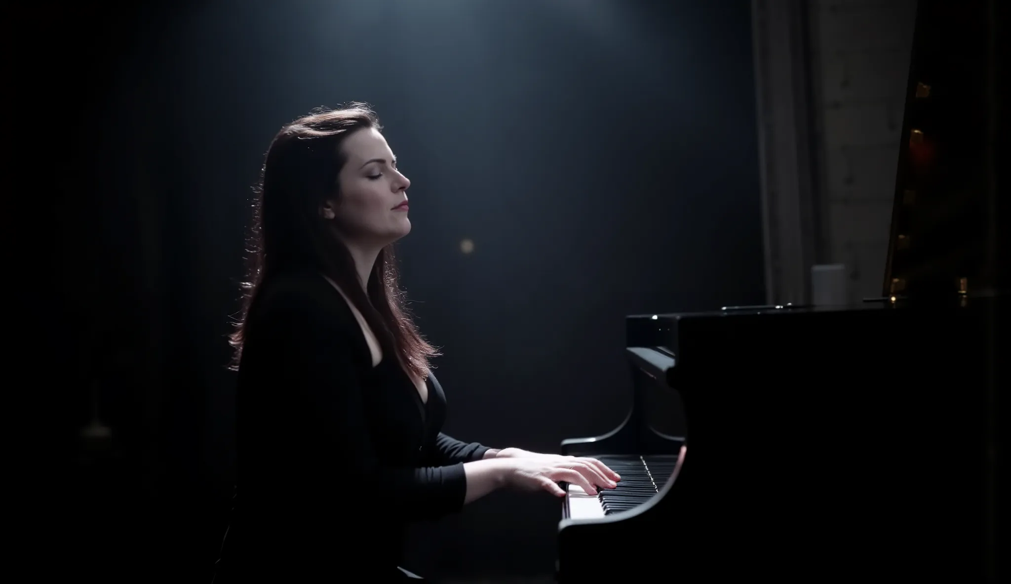 Amy Lee from Evanescence, wearing an elegant black dress with a deep neckline, playing the piano passionately while singing, dramatic gothic atmosphere, soft spotlight highlighting her face, dark background with subtle fog, emotional intensity in her expre...