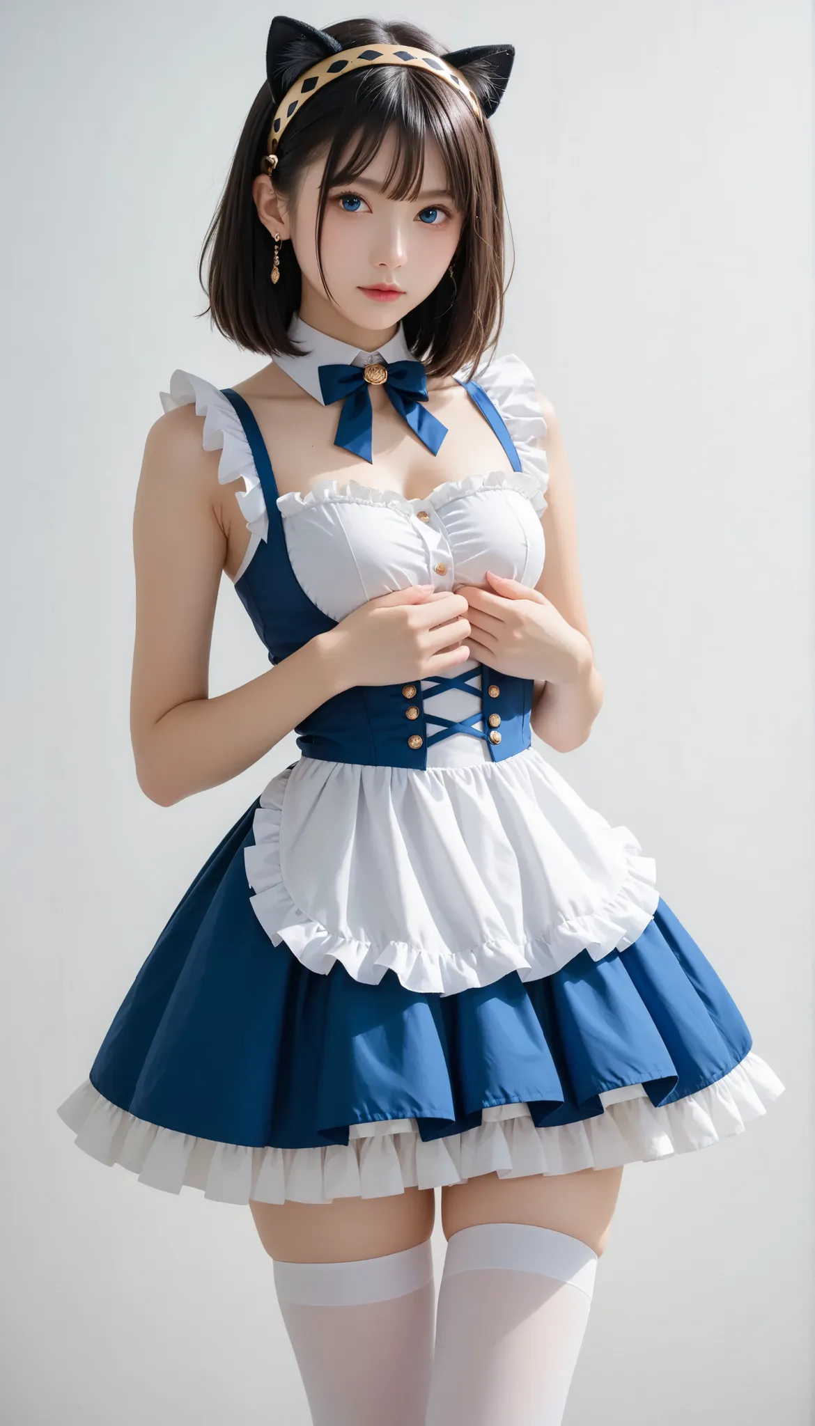 Photo of a woman in an attractive pose adorn the cover of a specialty magazine , wear an exquisitely designed costume : gold line accented、cobalt blue and white two-tone dirndl, Layered、cobalt blue multi-layer tiered apron with frills. cobalt blue sleeve...
