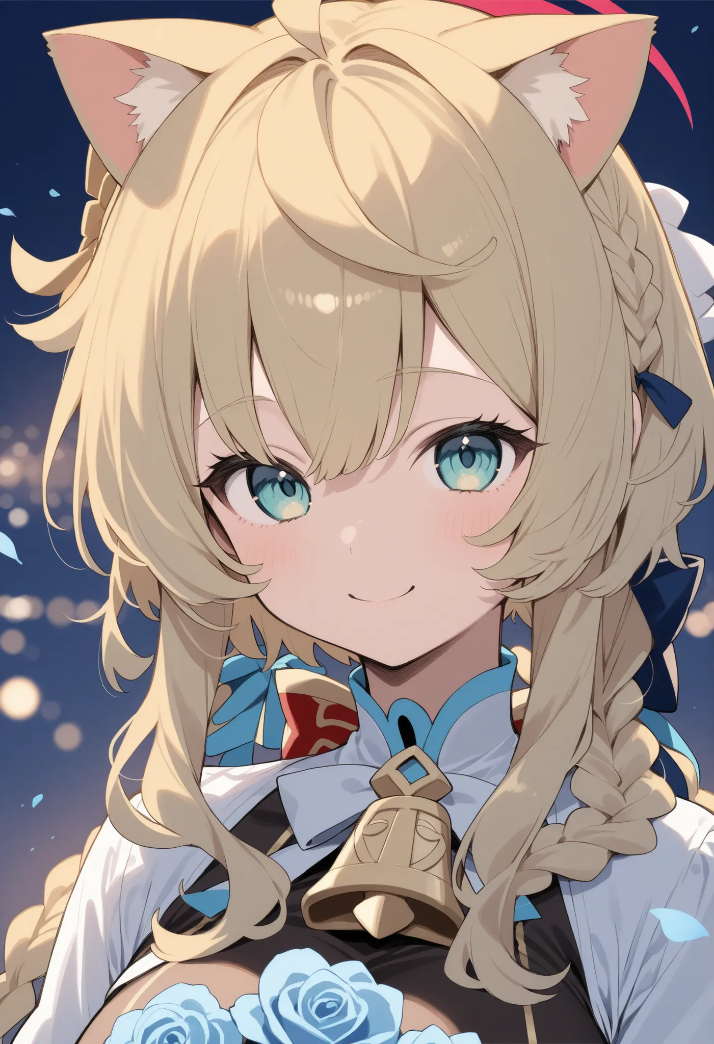 Blonde Cat Ears、bob cut blonde hair、 braids on both sides、big breasts、Smiling