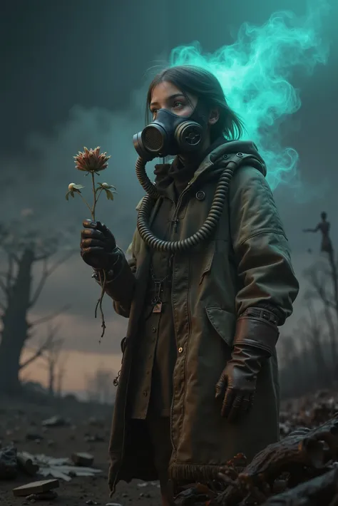 ((RAW Photo), absurd, (absurdresolution)), masterpiece, best quality, (Extremely detailed 8k unity CG wallpaper), (best shadow), Realistic lighting, Very low angle view, a girl wearing a gas mask with tubes, and a thick long jacket, old leather gloves, hol...