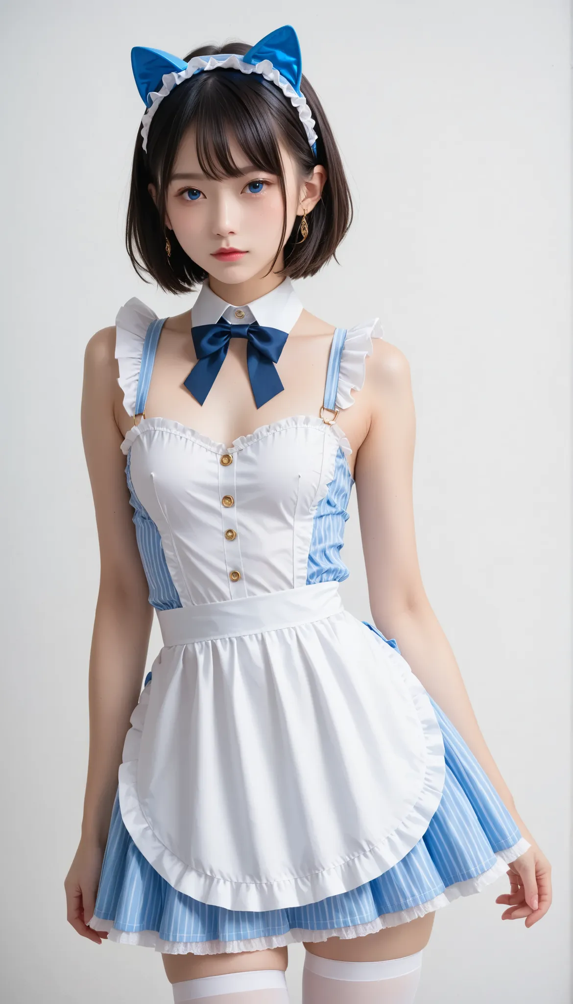  Photo of a woman in an attractive pose adorn the cover of a specialty magazine ,  wear an exquisitely designed costume : gold line accented、cobalt blue and white two-tone dirndl, Layered、cobalt blue multi-layer tiered apron with frills. cobalt blue sleeve...
