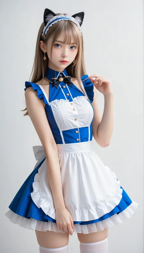  Photo of a woman in an attractive pose adorn the cover of a specialty magazine ,  wear an exquisitely designed costume : gold line accented、cobalt blue and white two-tone dirndl, Layered、cobalt blue multi-layer tiered apron with frills. cobalt blue sleeve...