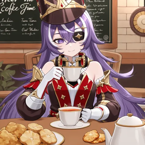 masterpiece, top quality, solo, Curvy,, zzChevreuse, PURPLE EYES, hair between the eyes, Long Hair, multicolored hair, purple hair, striped hair, white hair, has, earmuffs, eye patch, bare shoulders, Gold trim, 黒 butt under pants, butt under pants, Puff Sl...