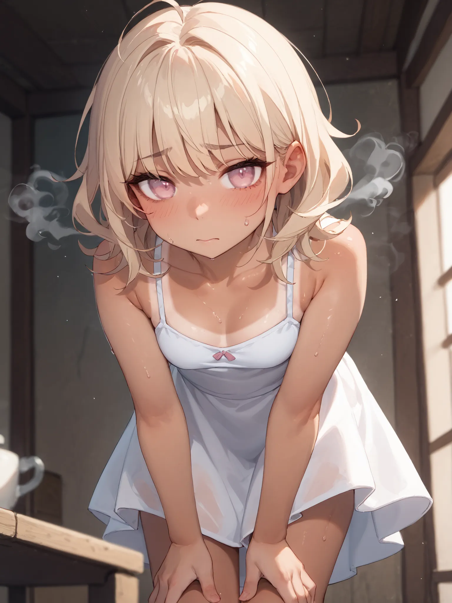 32K、tanlines、wearing a white tight dress、、Blondeの髪、peachy dress、Thin dress clothes、random poses、pale pink eyes、Blonde、white dress、sweat,、young face、small 、steam、、Pale pink eyes、、very embarrassing expression、Bob Hair、beautiful girl leaning forward、my legs t...