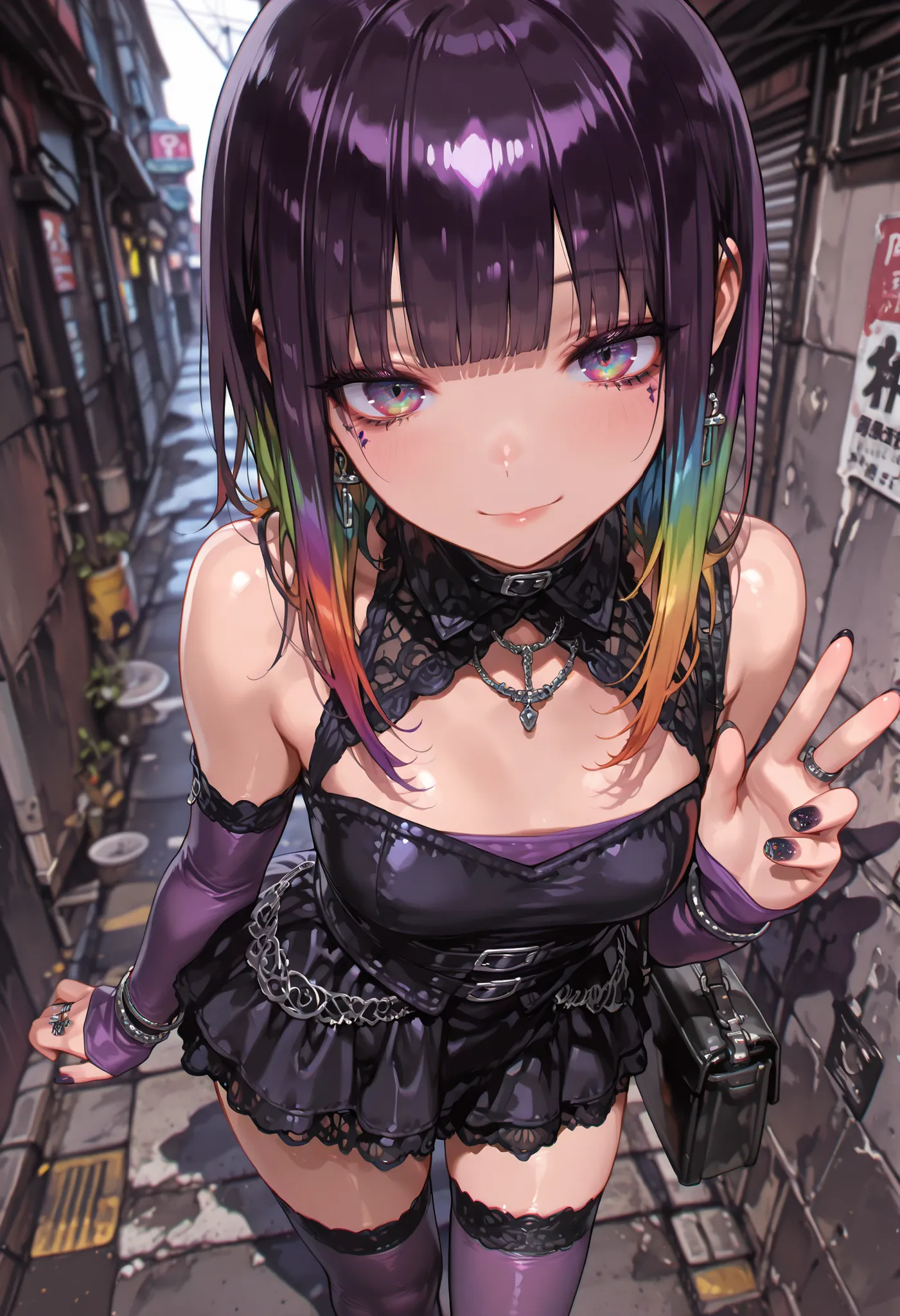 (( softwares , masterpiece , top quality , necessity, top quality , Highest Level, best quality image taken by Ki))、1girl、( Gothic girly girl )、 beautiful shiny black long hair、 Colorful Hair、 Purple Mesh 、trimmed bangs、Flashy Hair、Rainbow Eyes、beau...
