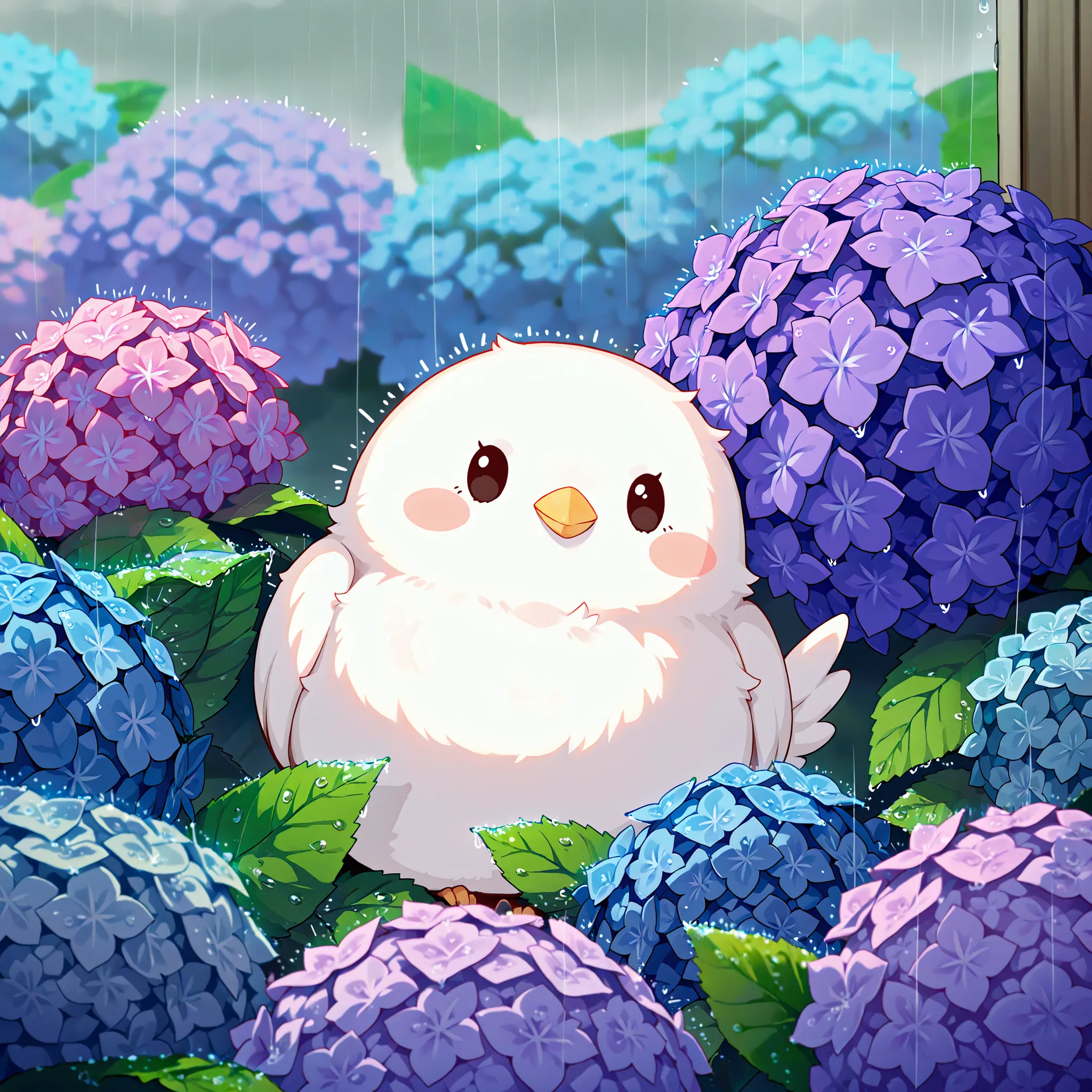 Masterpiece,Best quality, ultra detailed,Japanese Anime style, (pure white sparrow mascot) , round body, fluffy body,simple face, cute appearance,(Peeking out from inside the hydrangea flower, Hiding inside the hydrangea flower), Rain, Outdoors, Hydrangea ...