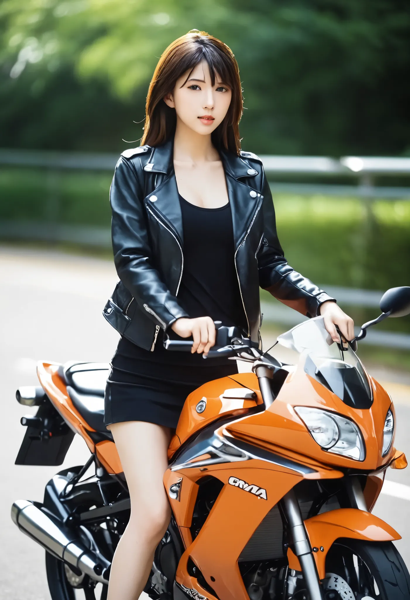 araffe girl sitting on a MOTORCYCLE in a skirt and jacket, leather tank top、Leather sleeveless 、girl in short miniskirt, sitting on a MOTORCYCLE,Kawasaki Ninja、Green Ninja、 young asian girl, Japanese Model, , young and cute gravure idol, riding a MOTORCYCL...