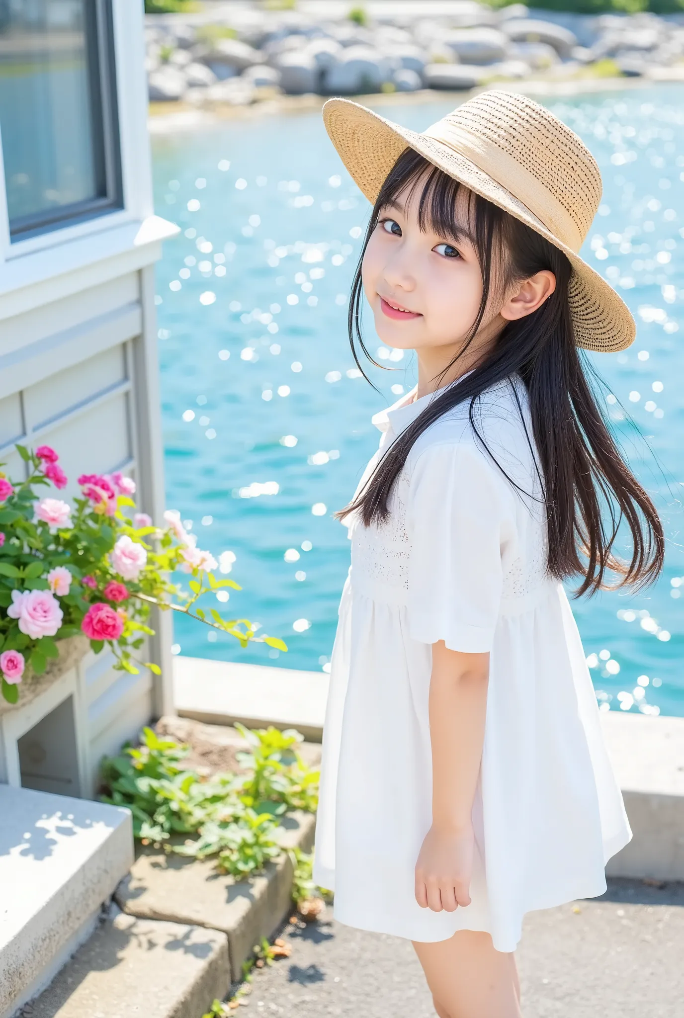 低身長,小学生,短い,ベビーフェイス,An anime girl in a white dress and straw hat, with long black hair and flowing curly bangs, in the style of anime, against a background of a coastal street by the sea, on a bright sunny day, with flowers on a windowsill, with a cheerful ...