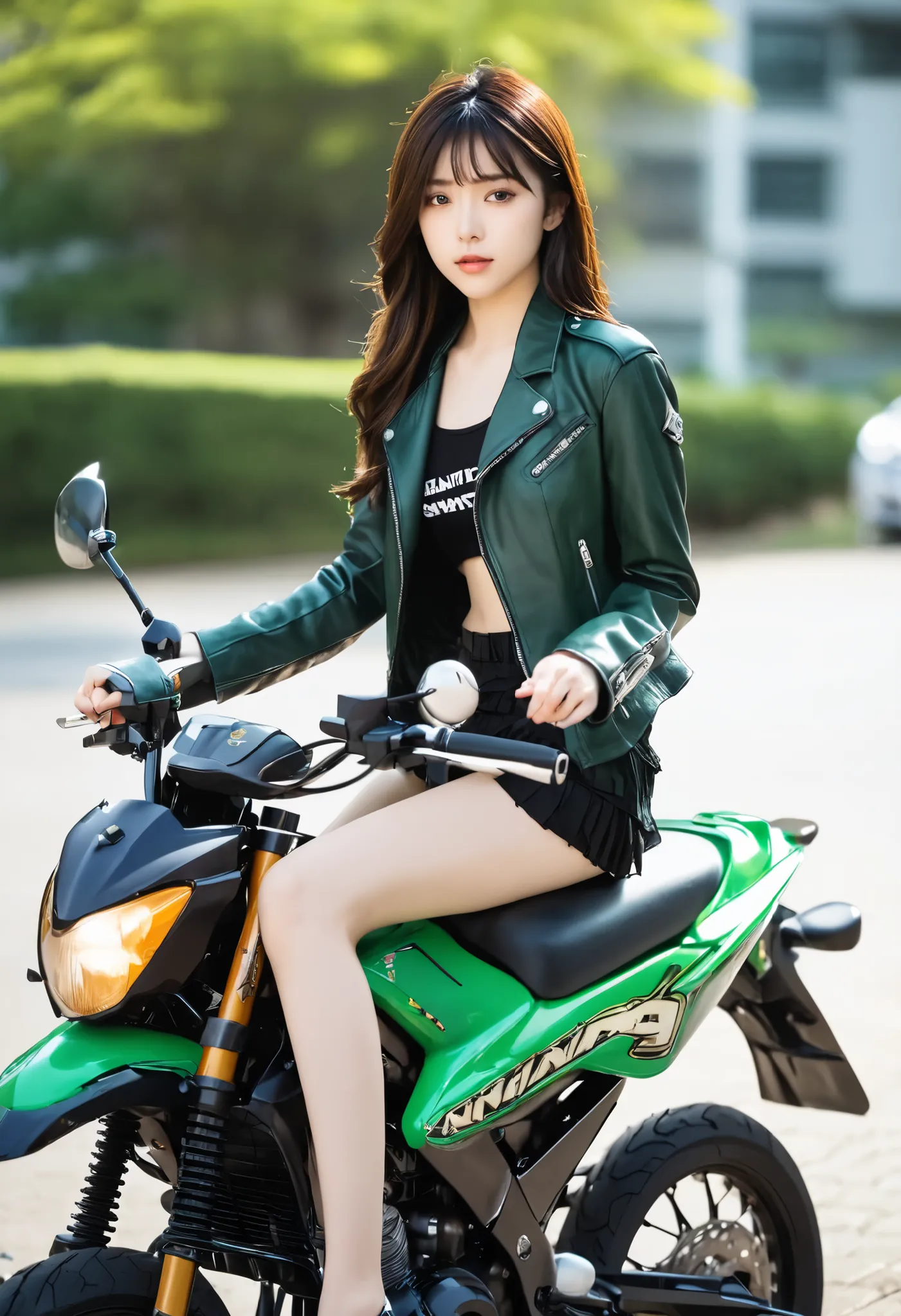 araffe girl sitting on a MOTORCYCLE in a skirt and jacket,mini skirt、 leather tank top、Leather sleeveless 、短いmini skirtの女の子, sitting on a MOTORCYCLE,Kawasaki Ninja、Green Ninja、 young asian girl, Japanese Model, , young and cute gravure idol, riding a MOTOR...
