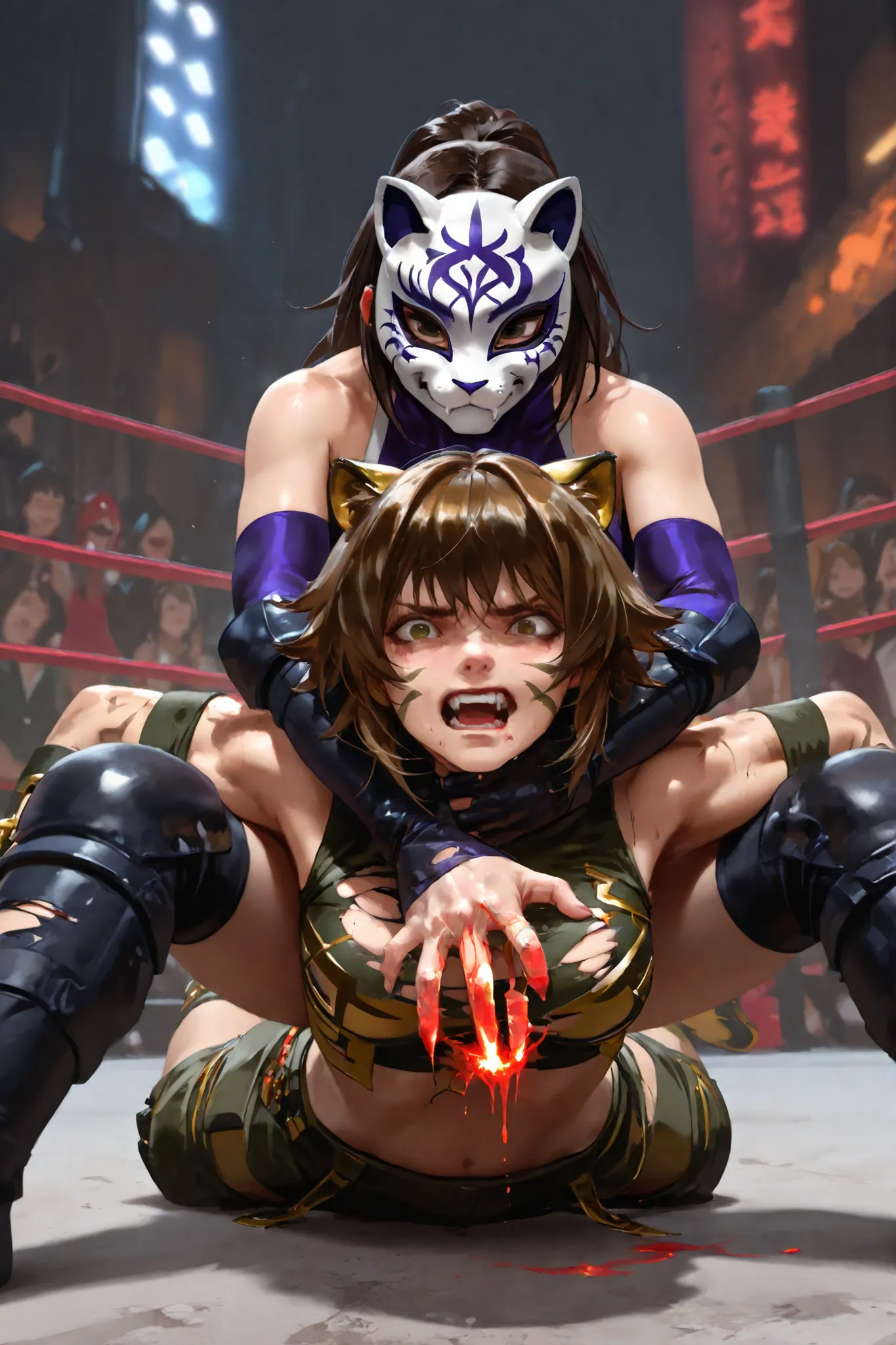 Lutas de mulheres, lesbian battle, luta de wrestling, Tiger Mask and Scary Villain Fighter, The Tiger Mask is defeated, scary villain fighter takes the mask off the tiger mask, the tiger mask torn by hand, domination,She bites the face of the Tiger Mask, t...