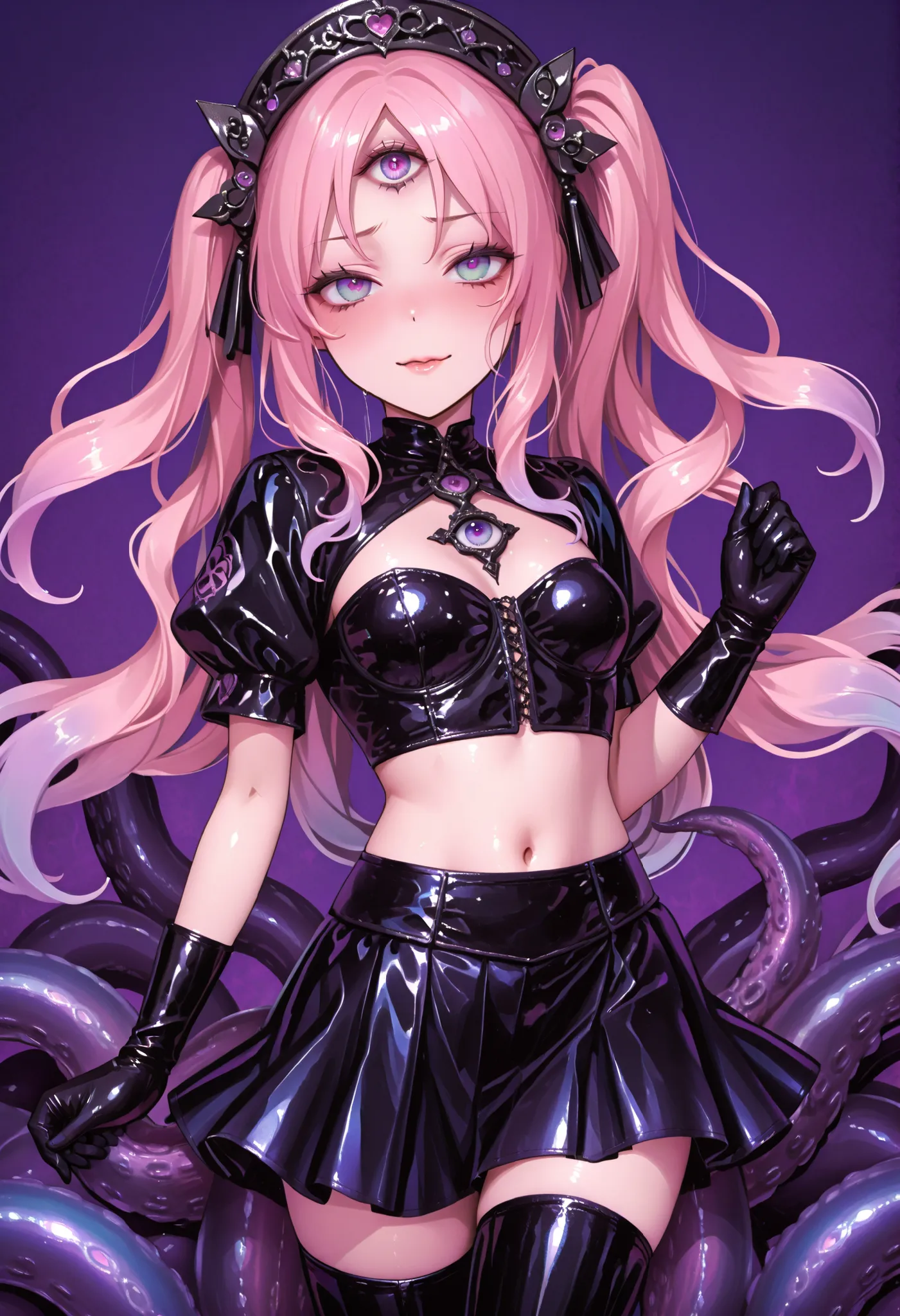 Evil magical girl. Tentacle girl. Pink hair. Wavy hair. Side ponytail hair. Black bangs. Black metal hair accessory. Overconfident expression. Purple rainbow eyes. Third eye. Black costume. Blue metallic decoration. Latex cover navel. Black latex gloves. S...