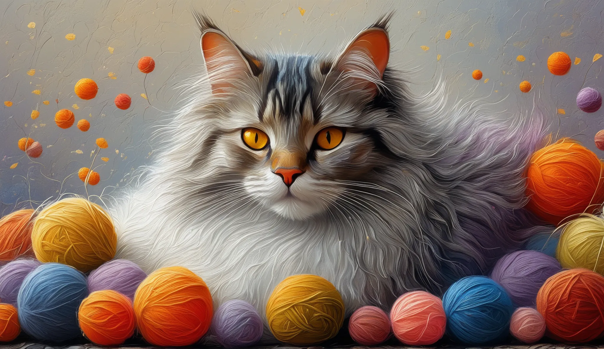 A serene and contented cat is lying on an array of vibrantly colored balls of wool, composing a visually striking scene. O gato, with your eyes closed in a peaceful sleep, has a coat soft white accented with specks of shades of gray and brown, notably aro...