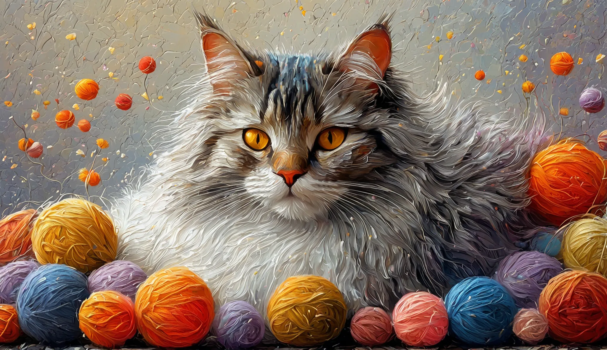 A serene and contented cat is lying on an array of vibrantly colored balls of wool, composing a visually striking scene. O gato, with your eyes closed in a peaceful sleep, has a coat soft white accented with specks of shades of gray and brown, notably aro...