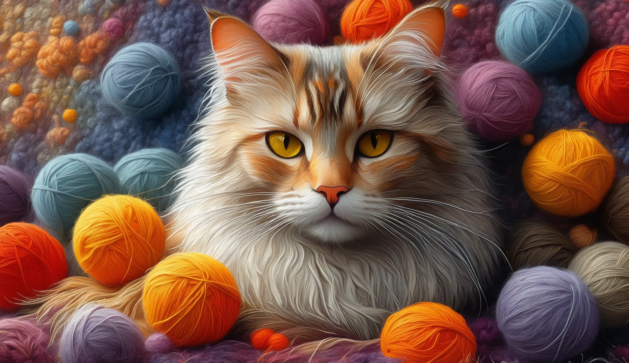 A serene and contented cat is lying on an array of vibrantly colored balls of wool, composing a visually striking scene. O gato, with your eyes closed in a peaceful sleep, has a coat soft white accented with specks of shades of gray and brown, notably aro...