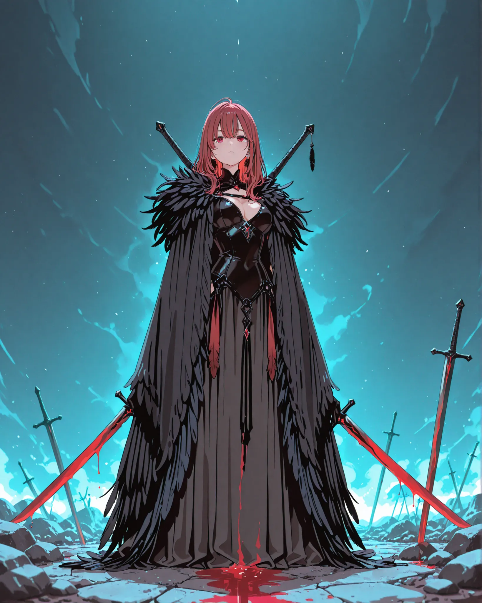 girl with medium size and red hair with a full black feather cape, using two curved swords bathed in blood, front view, 3/4 view