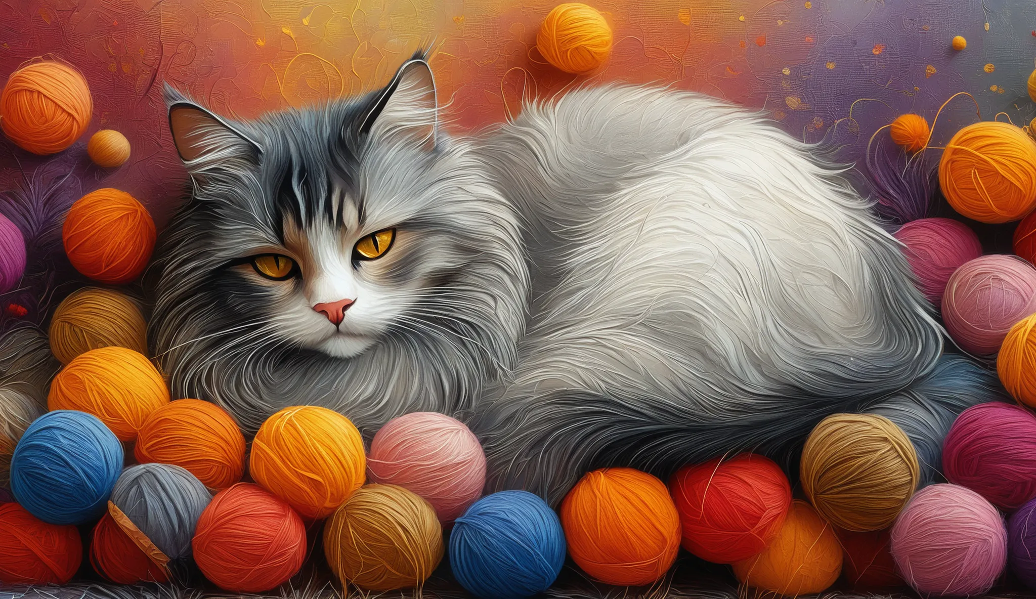 A serene and contented cat is lying on an array of vibrantly colored balls of wool, composing a visually striking scene. O gato, with your eyes closed in a peaceful sleep, has a coat soft white accented with specks of shades of gray and brown, notably aro...