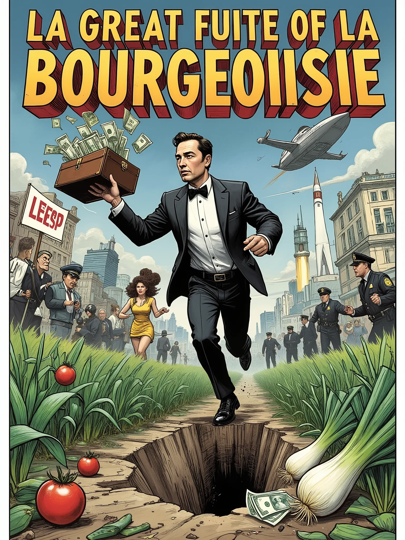 A creative, eccentric and delirious poster with the title: "LA GREAT FUITE OF LA BOURGEOISIE" in original dynamic 3D capital bold font, in solid shiny bright gold. In the background there is: a billionaire, as the main character, who runs away in a field f...