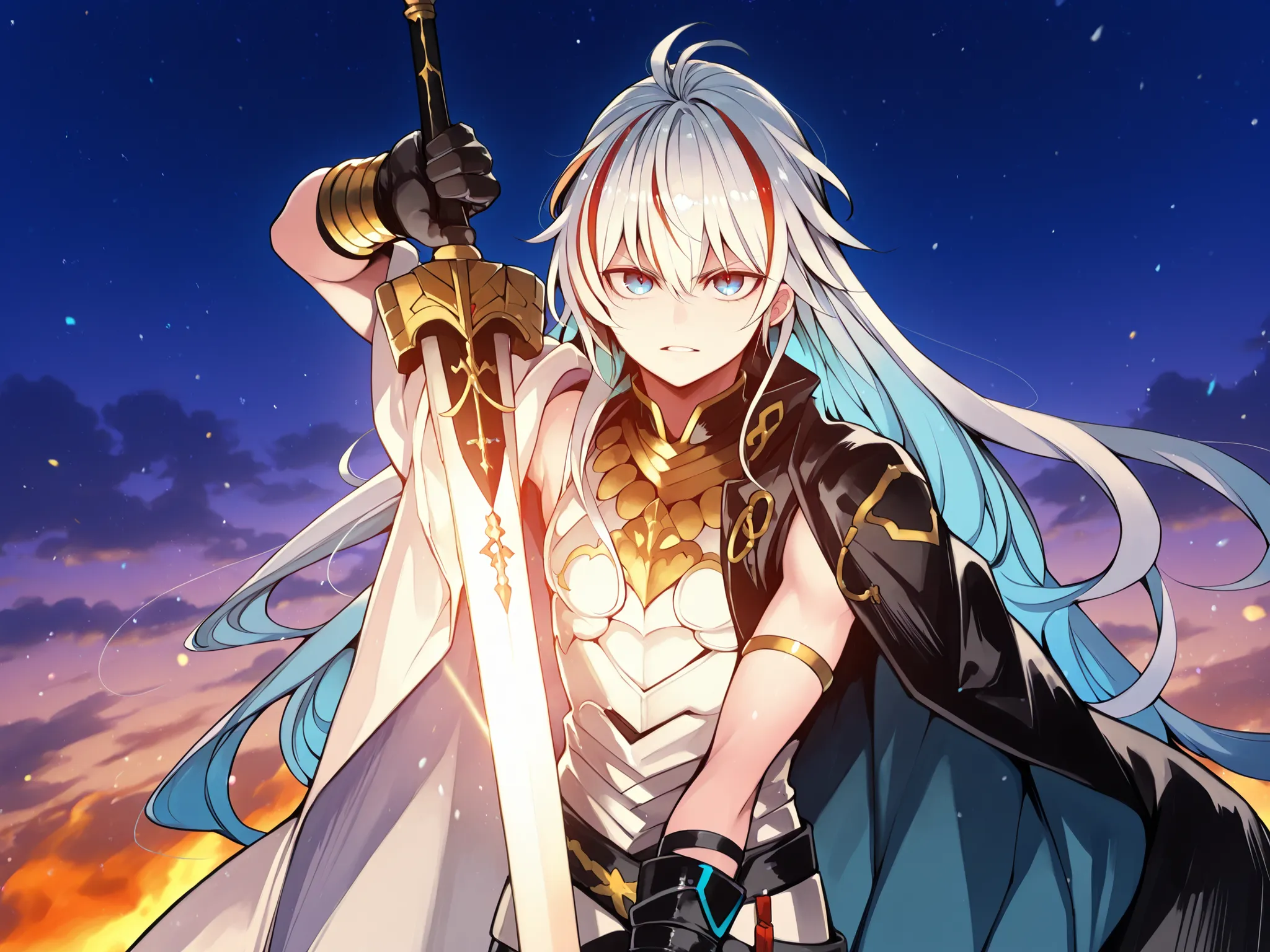 sozinho, 1 menino, e curto, pequeno personagem, personagem curto, Personagem 1.50 metros de altura, e curto, personagem jovem, male character;

Bright white hair with blue strands, the character's hairstyle must match that of Richard I the Lionheart from "...