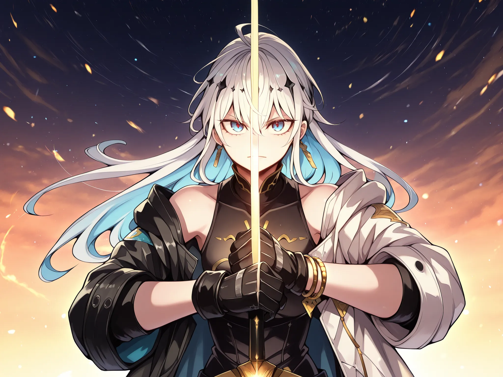 sozinho, 1 menino, e curto, pequeno personagem, personagem curto, Personagem 1.50 metros de altura, e curto, personagem jovem, male character;

Bright white hair with blue strands, the character's hairstyle must match that of Richard I the Lionheart from "...