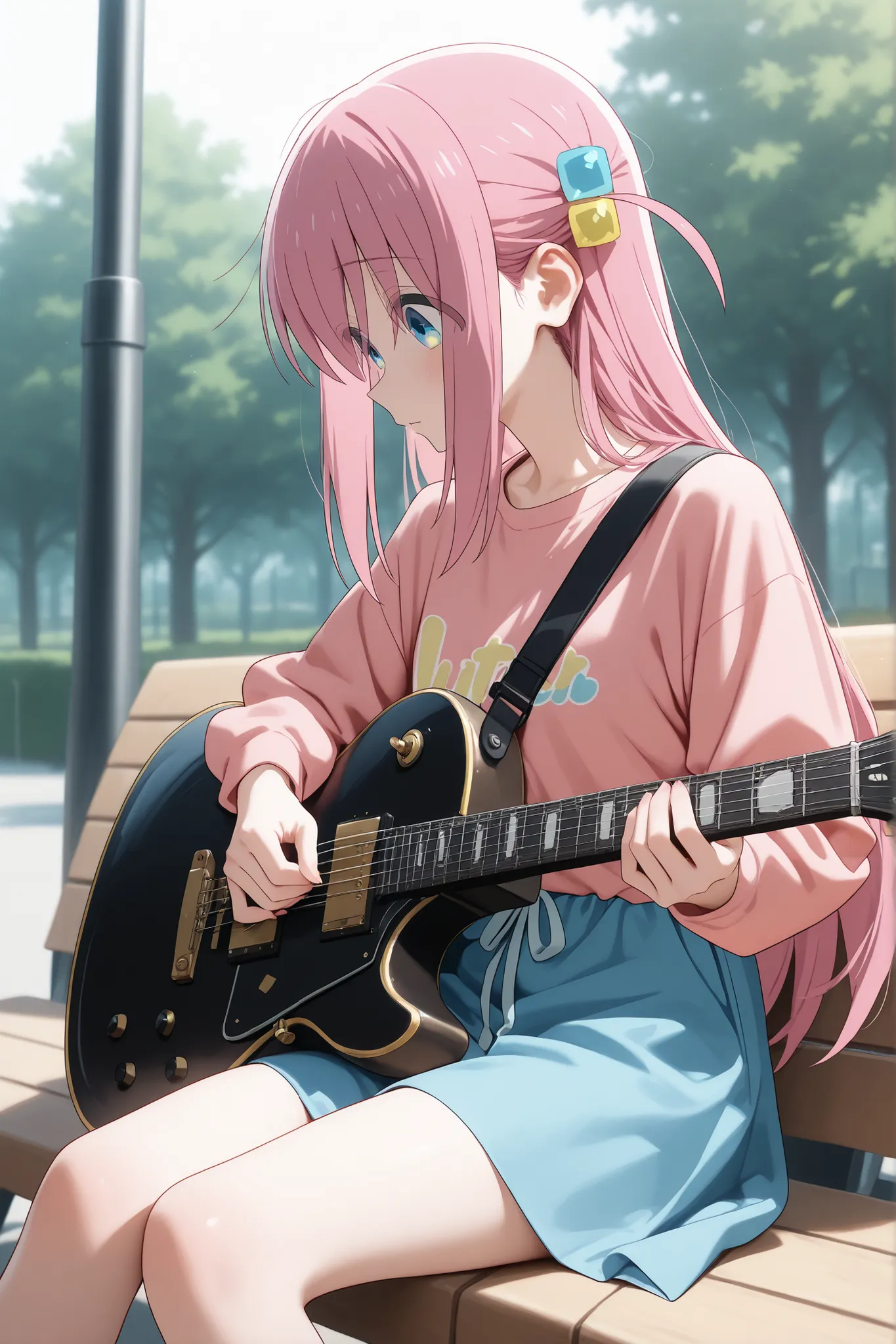 Hitori Gotou Bocchi, sit in the park, with a guitar in her side, ultra HD, best quality