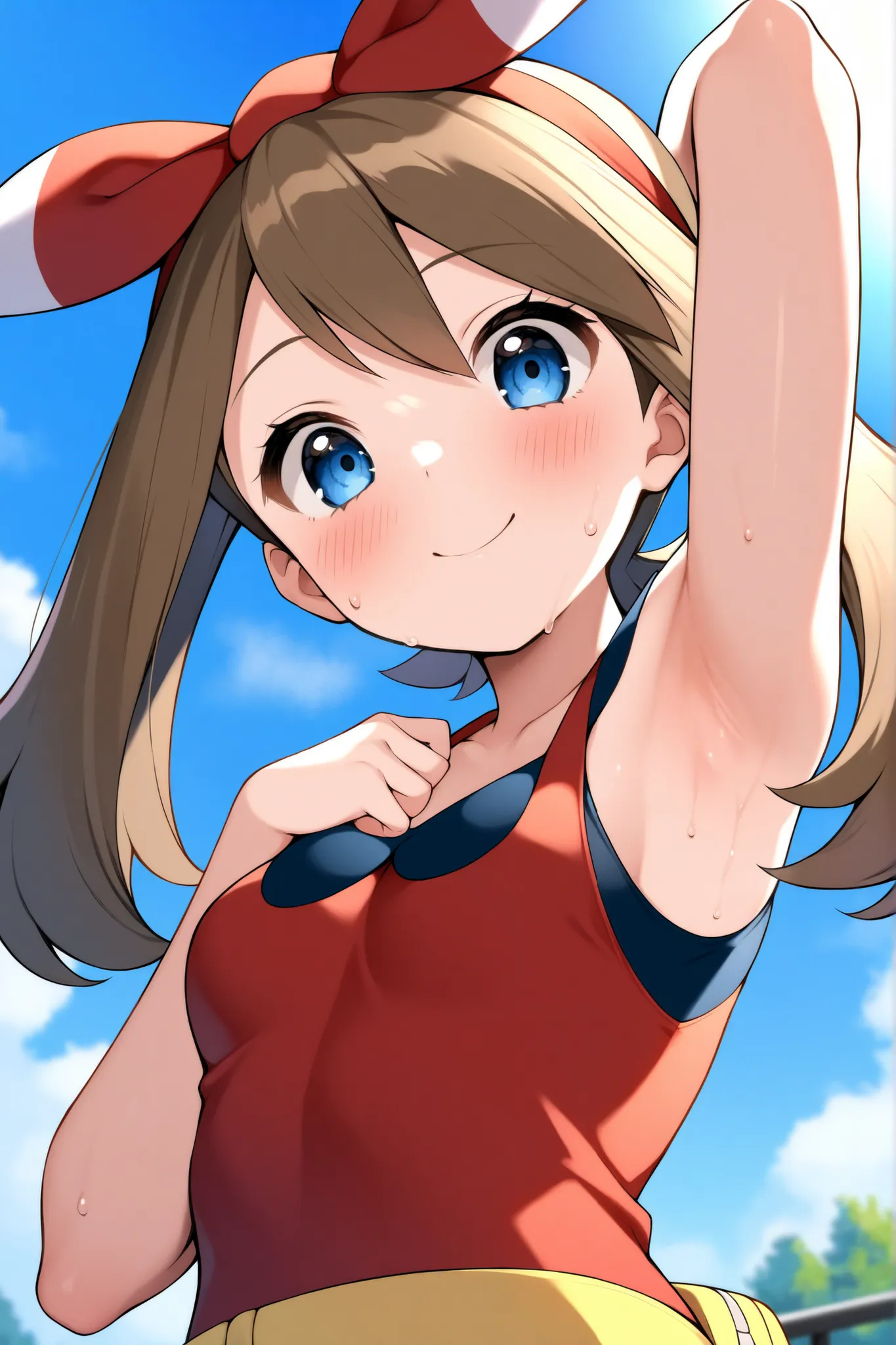 absurd, high resolution, Best Quality, masterpiece, Outdoors, girl, solo, May (Pokemon), smile, Innocent, (sweat:1.2)、blush、(Arm up:1.3)、(close up:1.5)、 from below、(armpit focus)、Armpit、(show off armpit:1.2)