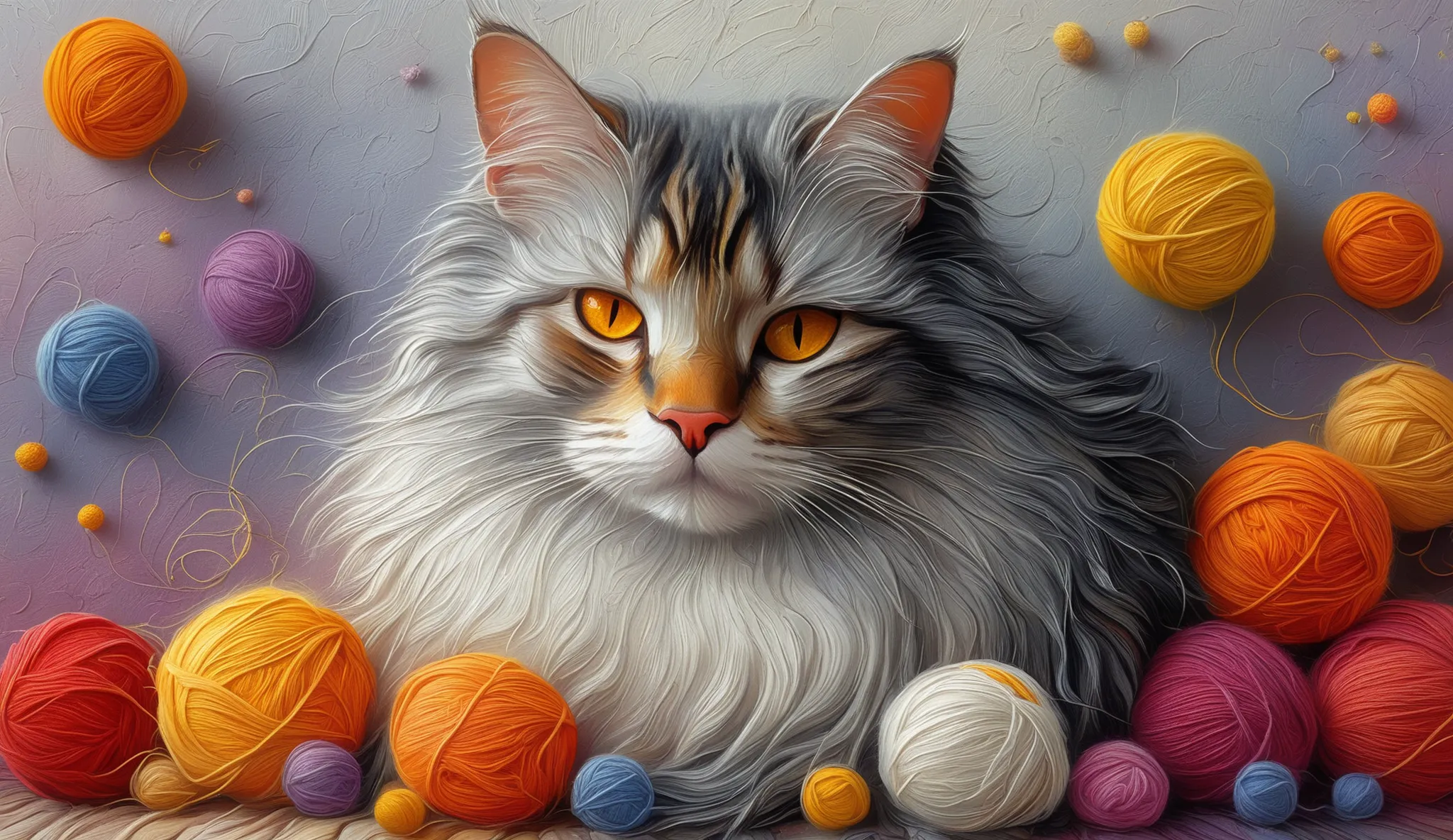 A serene and contented cat is lying on an array of vibrantly colored balls of wool, composing a visually striking scene. O gato, with your eyes closed in a peaceful sleep, has a coat soft white accented with specks of shades of gray and brown, notably aro...