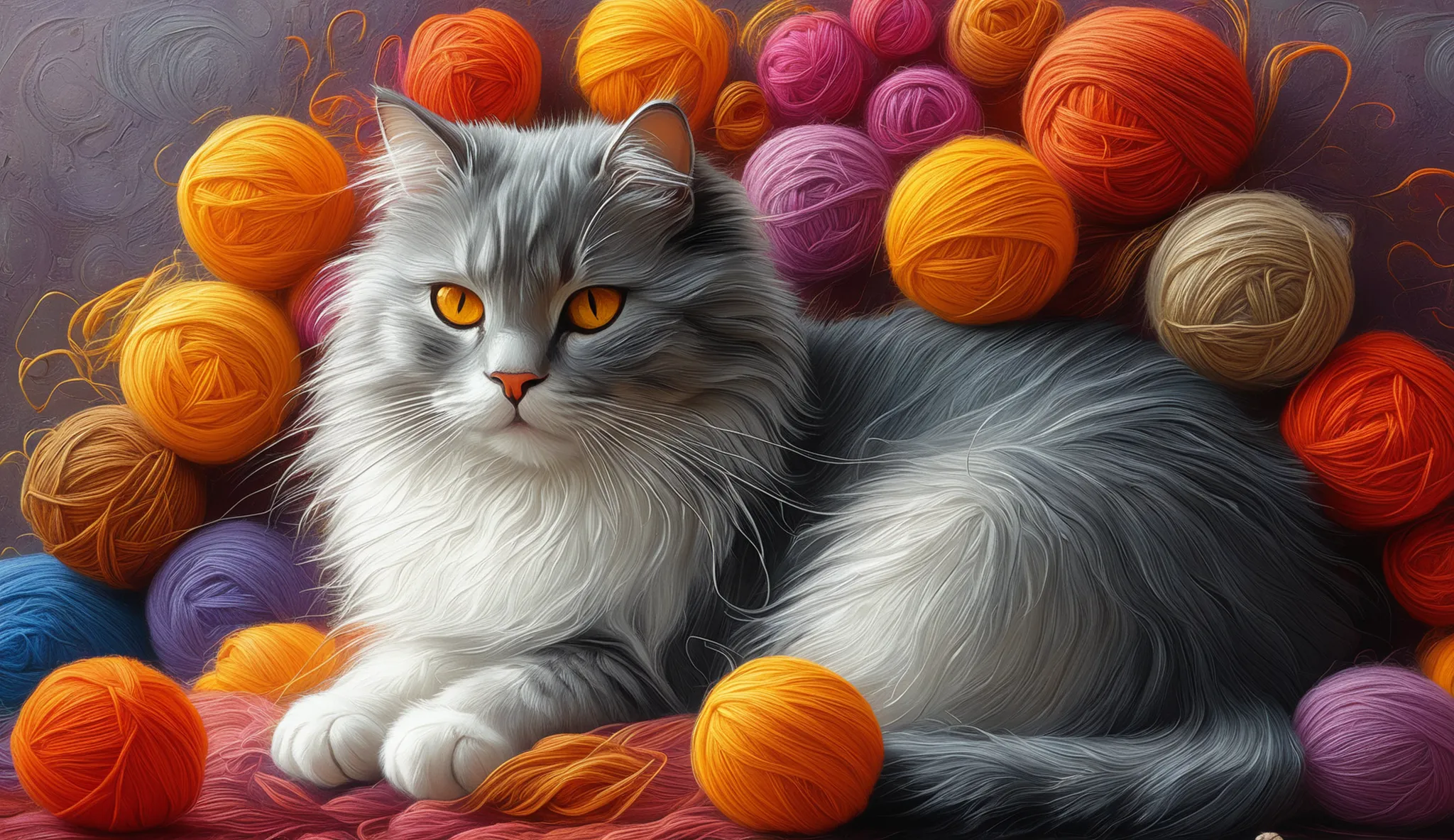 A serene and contented cat is lying on an array of vibrantly colored balls of wool, composing a visually striking scene. O gato, with your eyes closed in a peaceful sleep, has a coat soft white accented with specks of shades of gray and brown, notably aro...