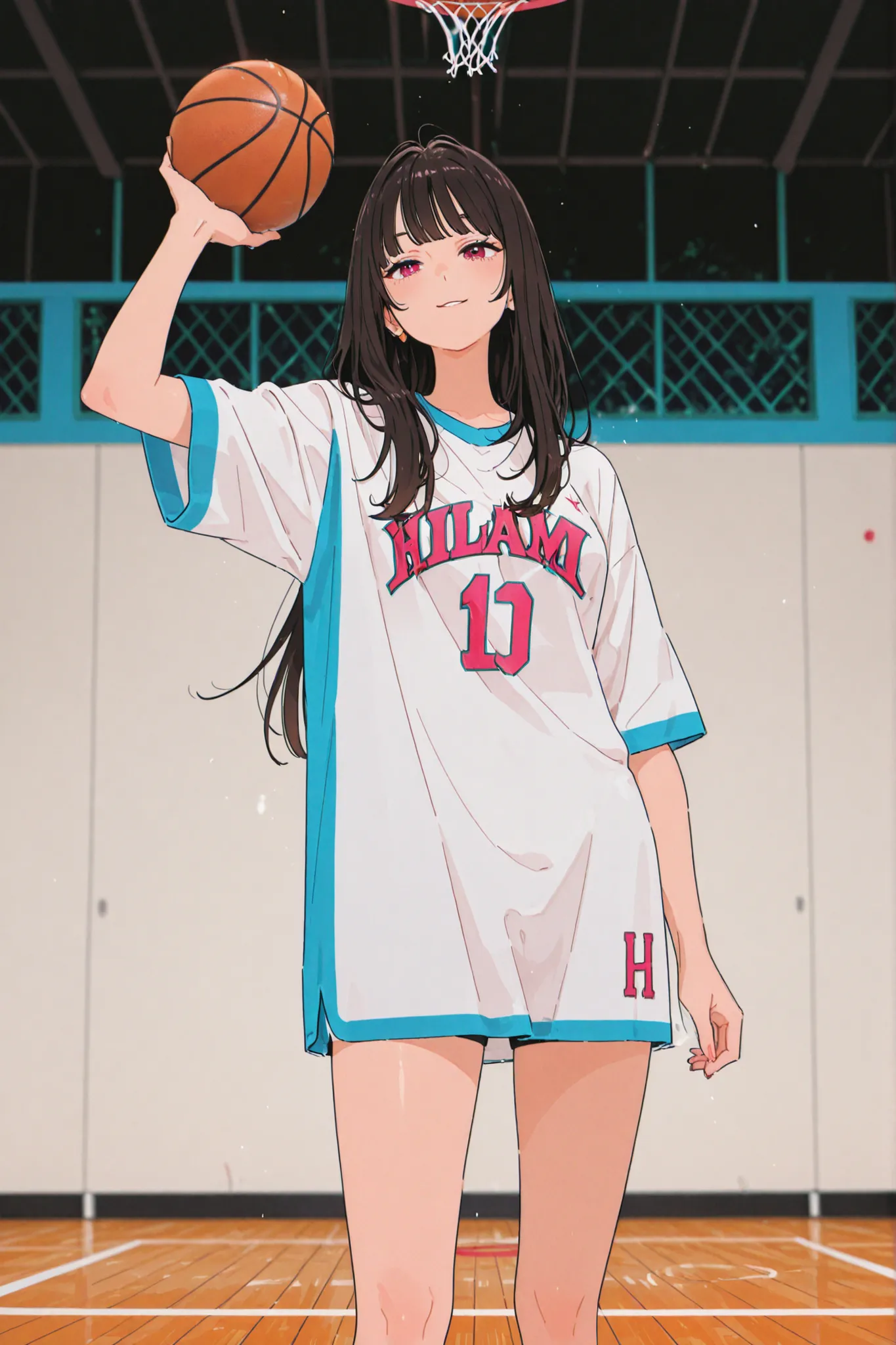 tall girl with long hair, with a confident expression shooting basketball wearing a large Miami Heat jersey