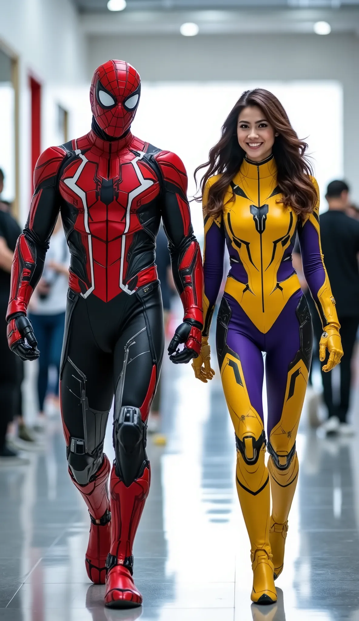 character: 1 man with mask full head wearing futuristic red Kamen rider spiderman body suit with black silver armor futuristic white accents , and 1 woman brown hair Wearing futuristic yellow kamen rider Spidermam body suit with purple armor futuristic b...