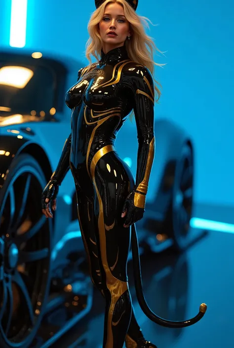 Blonde german woman in black and gold catsuit body armour. Cat ears and tail in the suit. Face is vovered, she is lithe and graceful, young. Tecno blue background with reflections. In the background is a reflective black anti gravity racing vehicle.