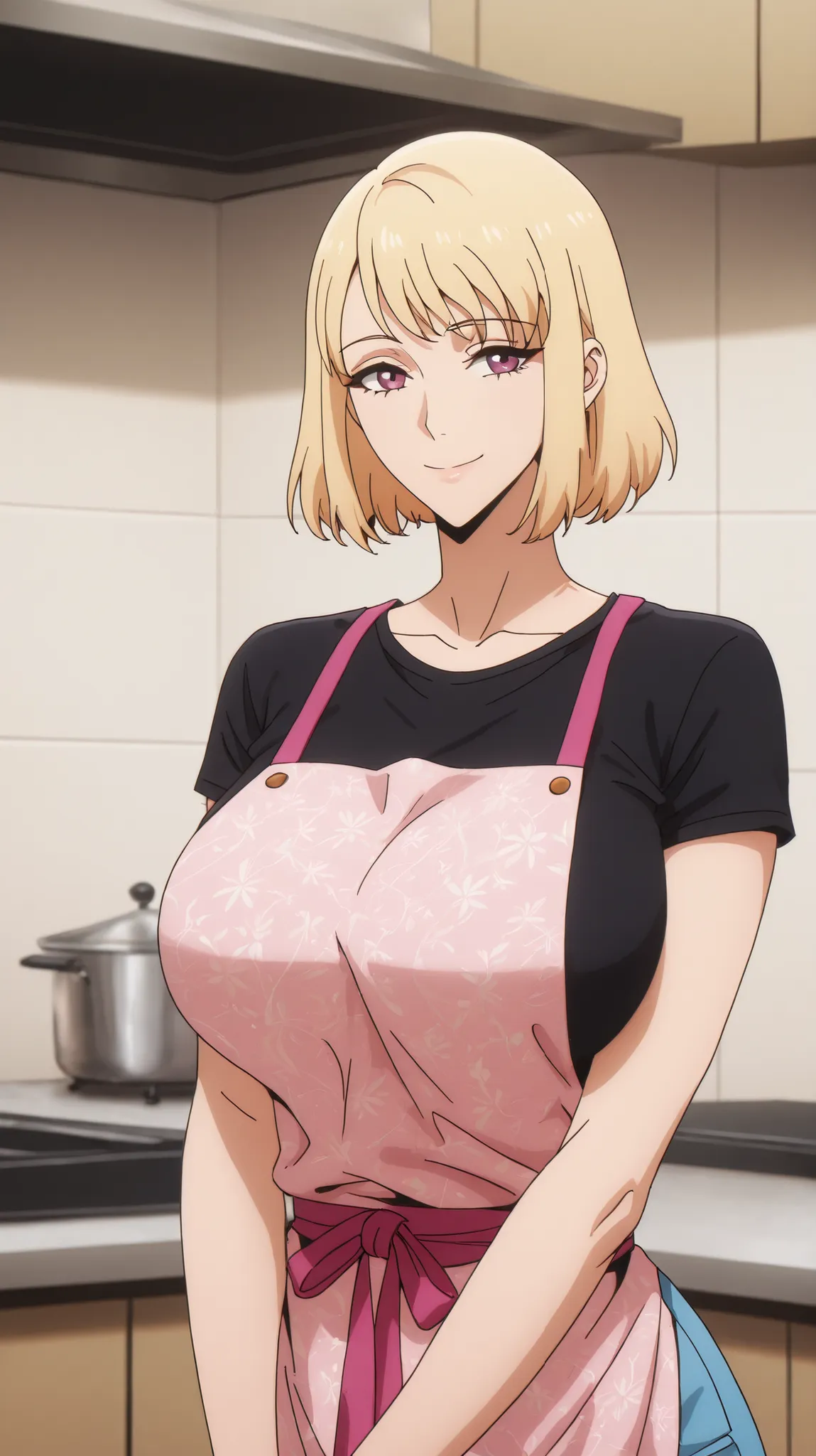Alone,  A girl, looking at the spectator, Anatomically Correct, masterpiece, Cha hae-in    ,Alone leveling, big breasts , short hair, blond hair,charming smile, cute body, black t-shirt, kitchen, printed pattern using costume attractive and royal looks.