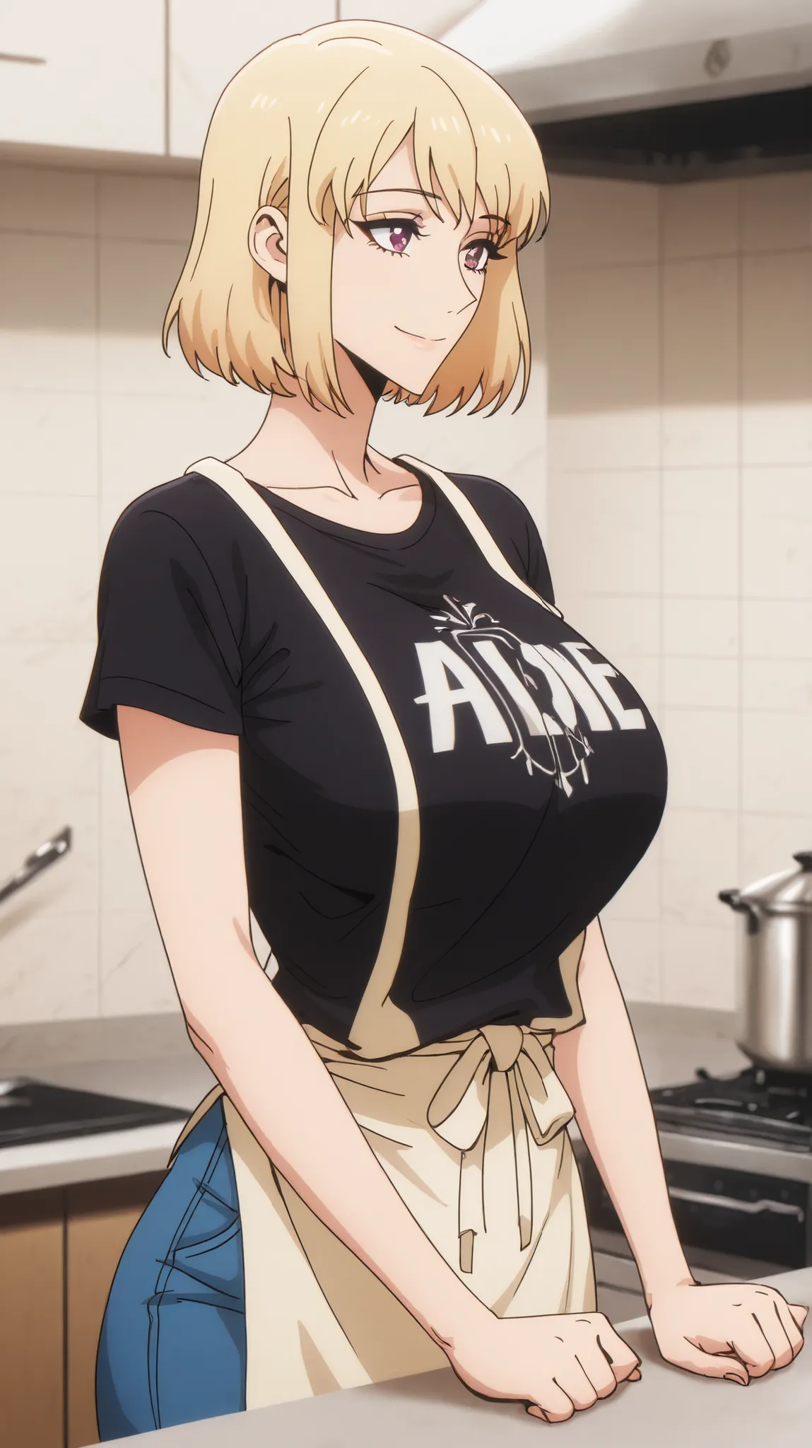 Alone,  A girl, looking at the spectator, Anatomically Correct, masterpiece, Cha hae-in    ,Alone leveling, big breasts , short hair, blond hair,charming smile, cute body, black t-shirt, kitchen, printed pattern using costume attractive and royal looks.