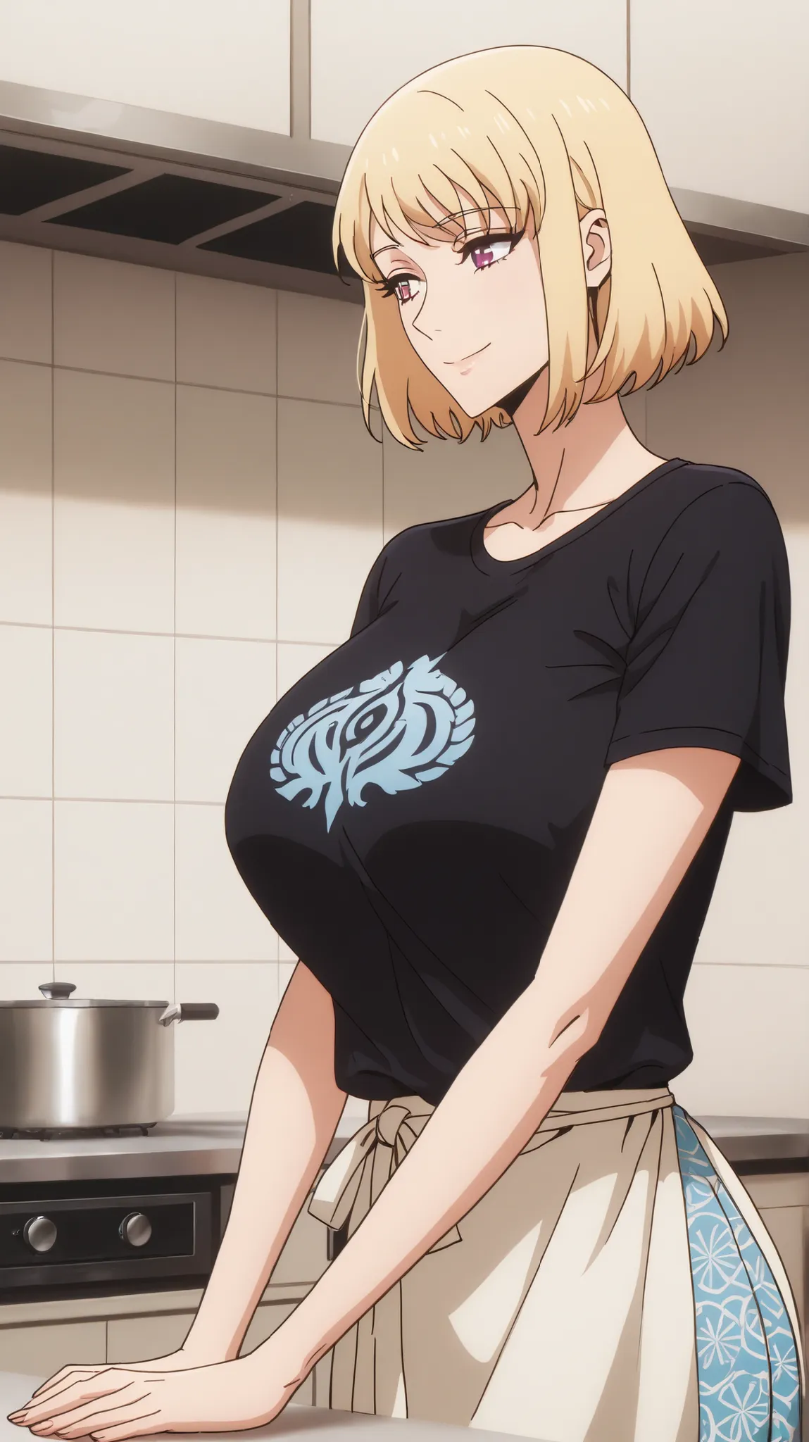 Alone,  A girl, looking at the spectator, Anatomically Correct, masterpiece, Cha hae-in    ,Alone leveling, big breasts , short hair, blond hair,charming smile, cute body, black t-shirt, kitchen, printed pattern using costume attractive and royal looks.