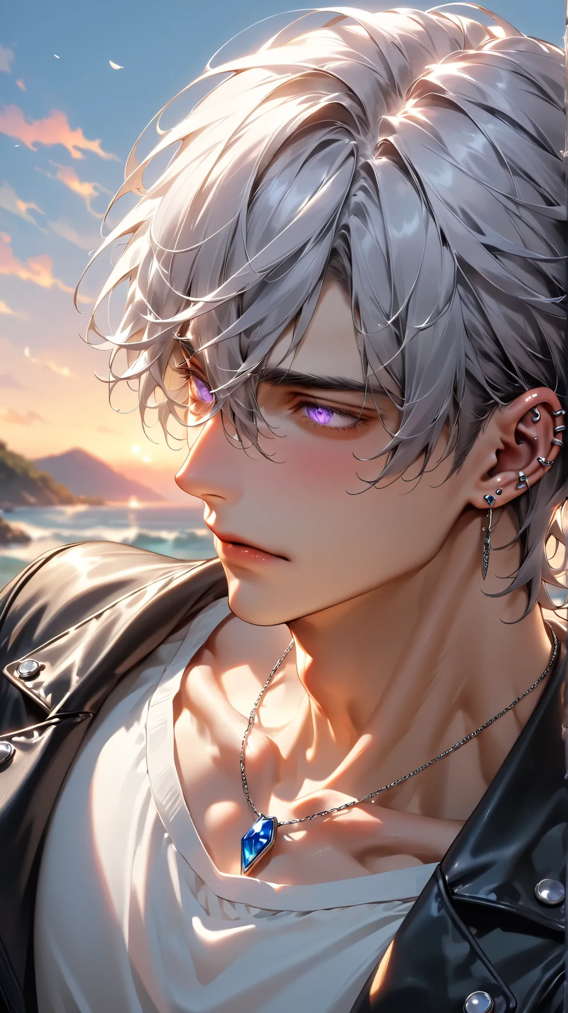 1 male, handsome、dynamic pose、 short hair，1 cool man, Light Purple Eyes 、Long bangs、background is sunset sky、Ear Piercing，doesn't have a long neck、don't stretch your neck、 Slightly Muscular Arms、biologically correct body balance、skin that has been detailed...