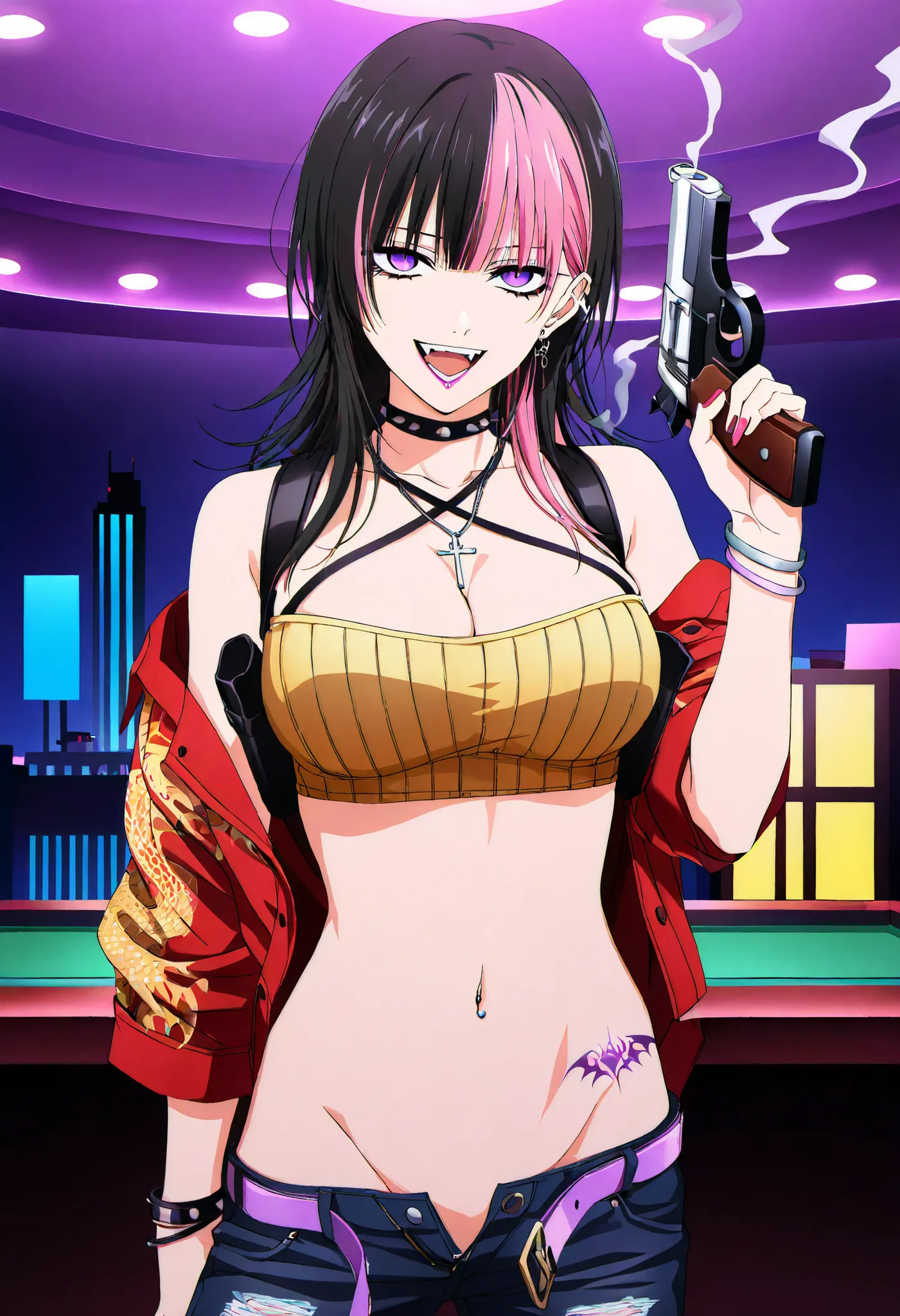 score_9,score_8_up,score_7_up,score_9,4k,HD,8k,highres,antialiasing,detailed,texture,lineart,full color,cinematic lighting BREAK kirara hoshi,1girl,solo,looking at viewer,,kirara hoshi,1girl,solo,looking at viewer,shirt,black hair,pink hair,purple belt,mul...
