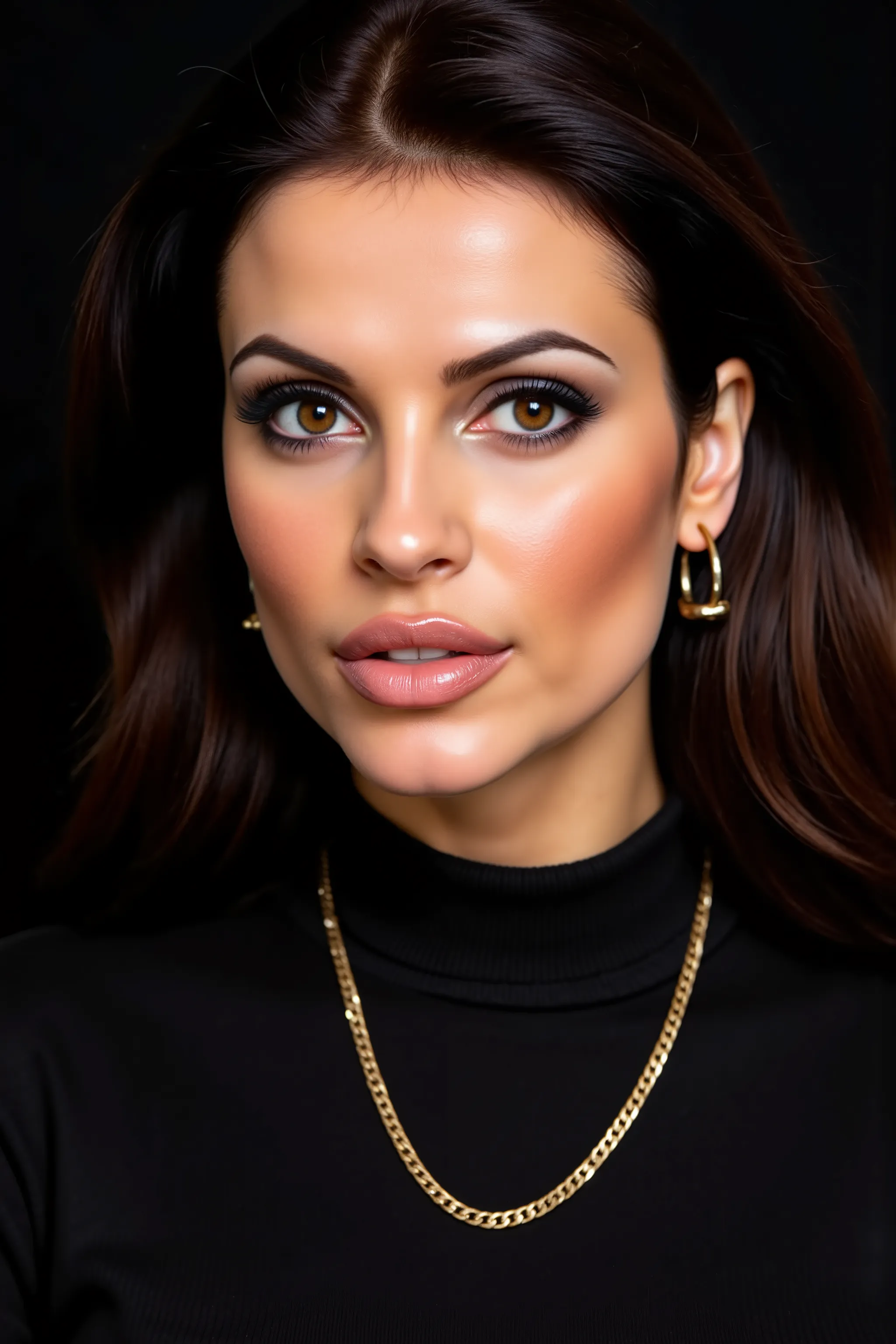 a professional deep close up photo of the face of d3n1s3m1l4n1, 8K, Realism, focus on the area from the chin to the forehead, she is made up like a glamour model, big smokey Eyes, hoop earrings, beige lippstick, brunette cloud hair, beige turtleneck sweate...