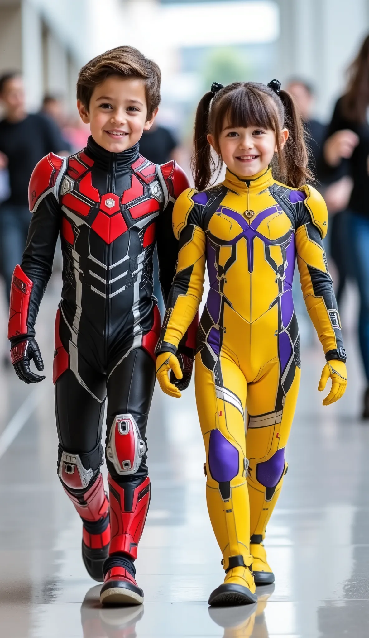 character: 1 baby boy brown hair wearing futuristic red Kamen rider spider body suit with black silver armor futuristic white accents , and 1 baby girl brown hair Wearing futuristic yellow kamen rider Spider body suit with purple armor futuristic black a...