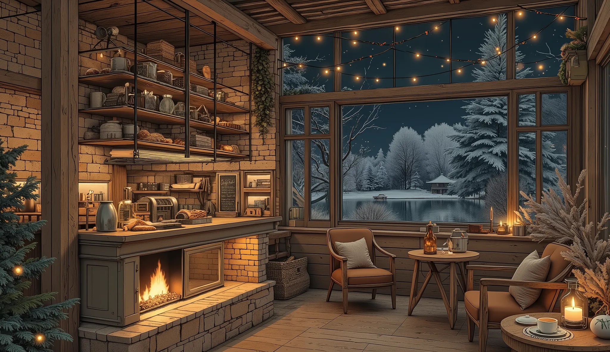 Cozy cabin with fireplace, không có cây Giáng sinhThe scene depicts a Cozy cabin with fireplace, without a rustic cafe Christmas tree, overlooking a beautiful Tranh sơn dầu và acrylic trên vải, một căn bếp của nhà bà ngoại vào ban đêm. Cảnh được dựng theo ...