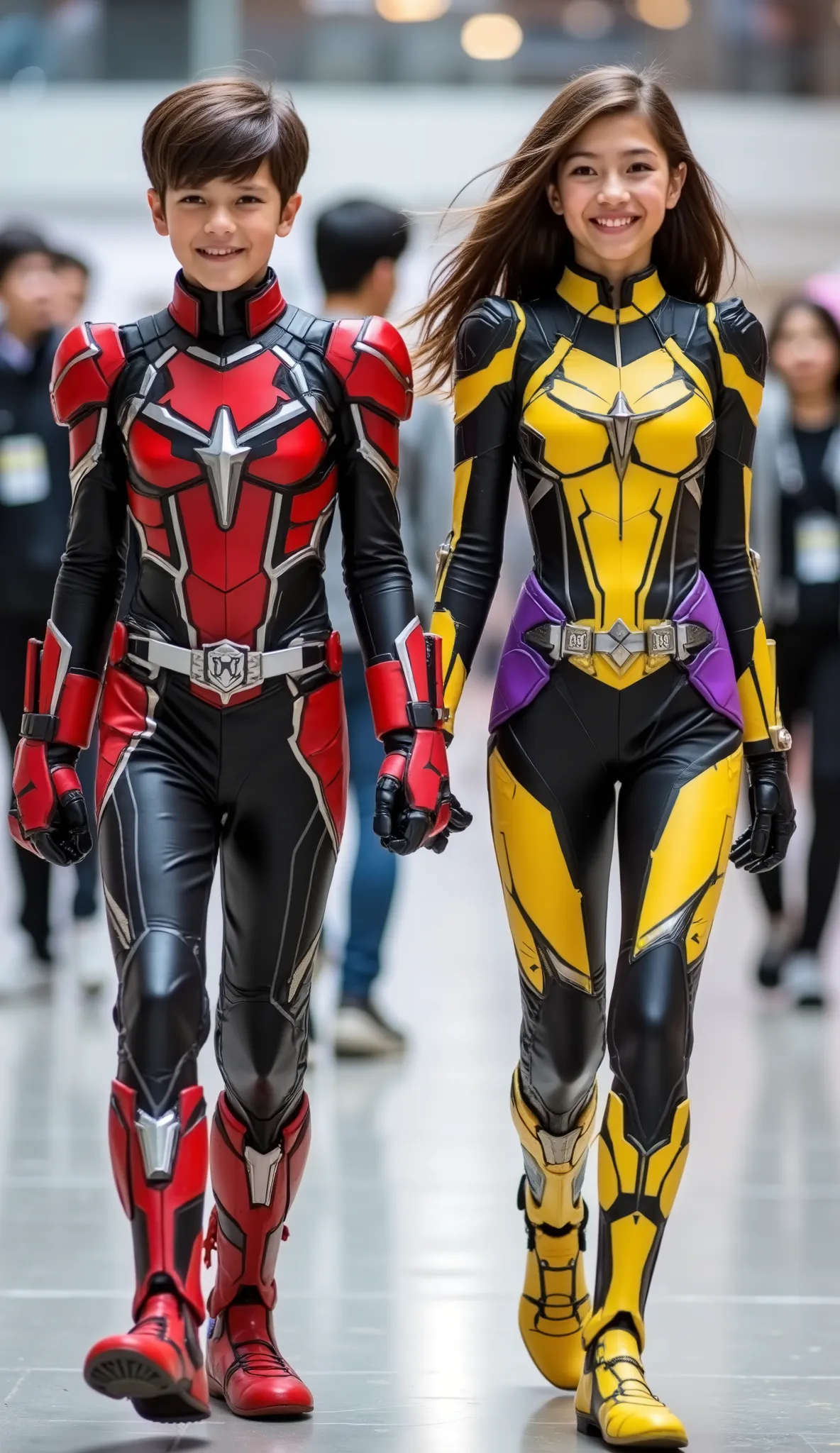 character: 1 boy brown hair wearing futuristic red Kamen rider spider body suit with black silver armor futuristic white accents , and 1 girl brown hair Wearing futuristic yellow kamen rider Spider body suit with purple armor futuristic black accents.
a...