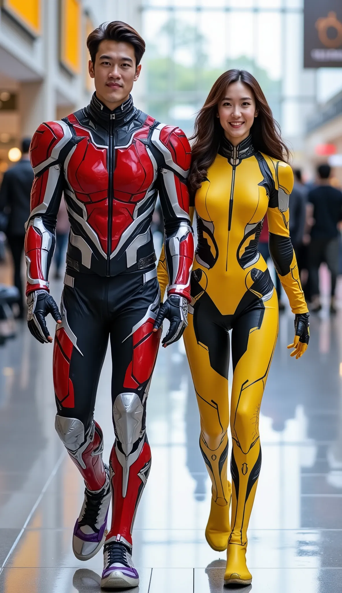 character: ung man brown hair wearing futuristic red Kamen rider spider body suit with black silver armor futuristic white accents , and ung woman brown hair Wearing futuristic yellow kamen rider Spider body suit with purple armor futuristic black accent...