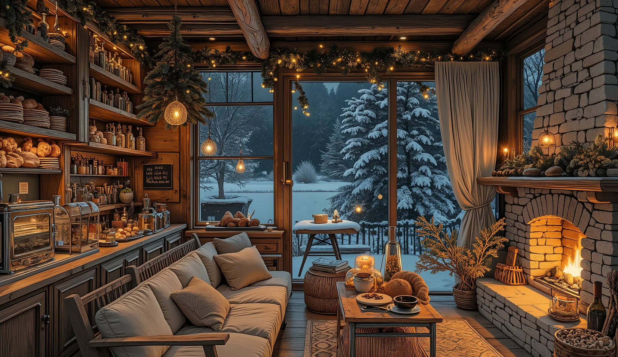 Cozy cabin with fireplace, không có cây Giáng sinhThe scene depicts a Cozy cabin with fireplace, without a rustic cafe Christmas tree, overlooking a beautiful Tranh sơn dầu và acrylic trên vải, một căn bếp của nhà bà ngoại vào ban đêm. Cảnh được dựng theo ...