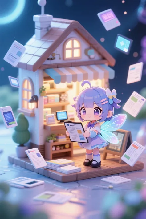Mini shop, miniature house, Anime-style images, 3D model style pattern, hentaiAnime-style images, Chibi fairy girl compiling digital reports, Summary article, chibi fairy girl organizing digital-style articles, a number of digital articles floating, digital fantasy background
