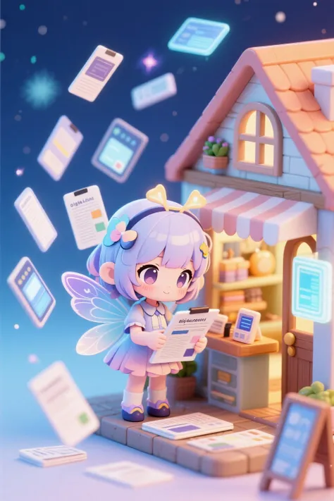 Mini shop, miniature house, Anime-style images, 3D model style pattern, hentaiAnime-style images, Chibi fairy girl compiling digital reports, Summary article, chibi fairy girl organizing digital-style articles, a number of digital articles floating, digital fantasy background