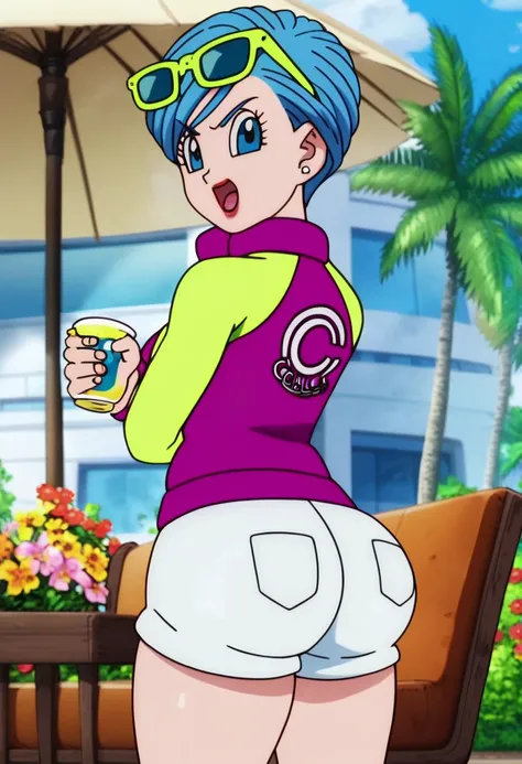 source_anime, score_9, score_8_up, score_7_up, anime screencap,8k, absurd res, 
bulma, 1girl, solo, angry, short hair, open mouth, blue eyes, jewelry, blue hair, flower, :d, earrings, shorts, tree, cup, sunglasses, eyewear on head, white shorts, palm tree,  two tone jacket, yellow sleeves, purple jacket, print jacket, from behind, looking back at another, official style, fat legs, fat ass, plump ass
 