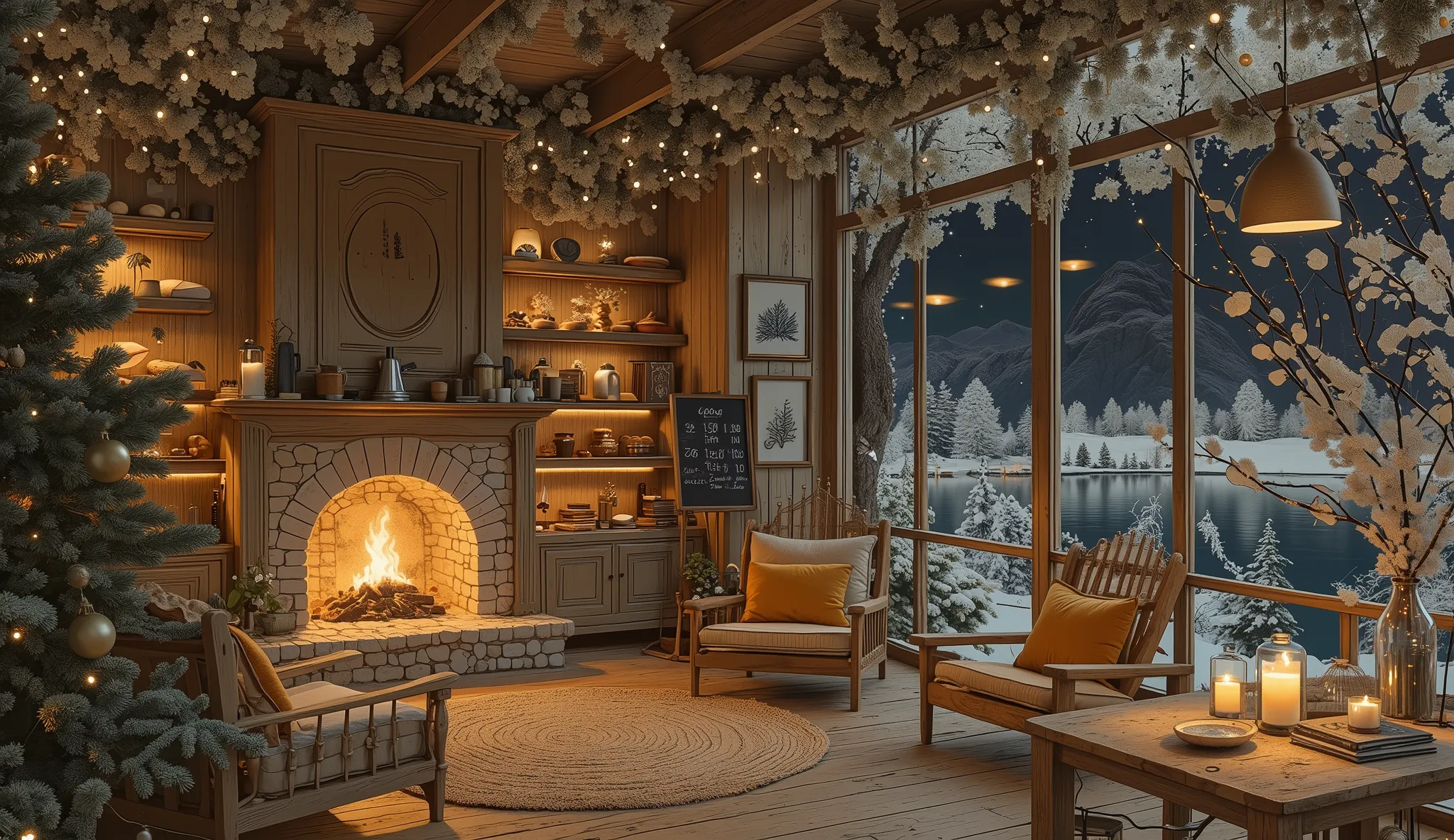 Cozy cabin with fireplace, không có cây Giáng sinhThe scene depicts a Cozy cabin with fireplace, without a rustic cafe Christmas tree, overlooking a beautiful Tranh sơn dầu và acrylic trên vải, một căn bếp của nhà bà ngoại vào ban đêm. Cảnh được dựng theo ...