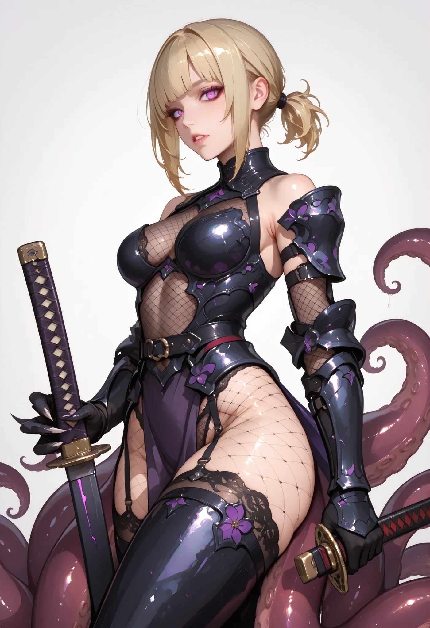 Scylla type girl. Blonde hair. One-sided bangs. Short ponytail hair. Sharp eyes. Metallic ninja mask. Knight-like costume. Black armor. Fishnet underwear. Sharp claws. Weapon: Katana. Purple tentacles.