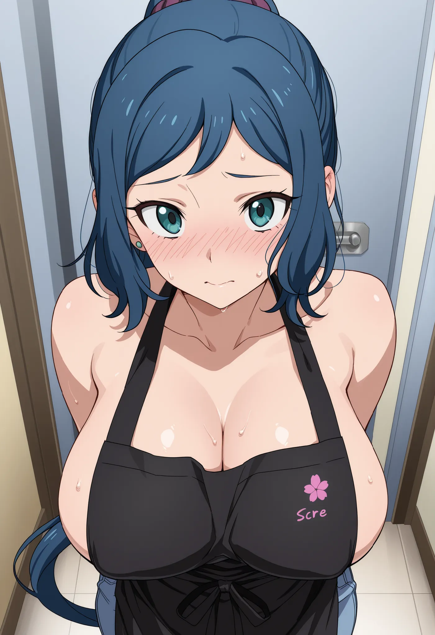 masterpiece, 最high quality, amazing quality from bottom left diagonally, anime screen cap, 
Iori Rinko ,  Iori Rinko, blue hair, Blue Eyes, Side lock,
Apron, Long Hair, ponytail, sleeveless, very Long Hair, Big breasts,
line of movement、anime coloring、1 fr...