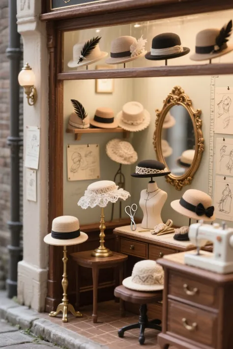 top quality、Mini shop、Retro hat specialty store standing in the back alley、Miniature hats with feather ornaments and lace are lined up on the wooden shop window、Inside the store is an antique mirror and dresser、hats arranged on a brass stand、Sketches and measuring notes are affixed to the wall、Pincers and small scissors、Hats in the middle of sewing by hand、Surrounded by Soft Light、A stylish and quiet atelier-like space、Elegant and classic atmosphere、masterpiece